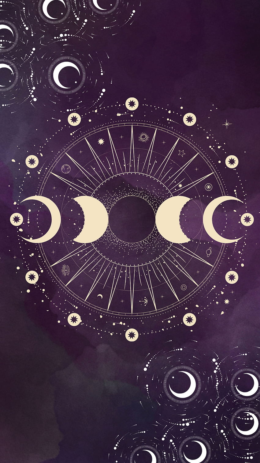 A purple and white watercolor wallpaper design with a circular pattern of moons and stars. - Moon phases