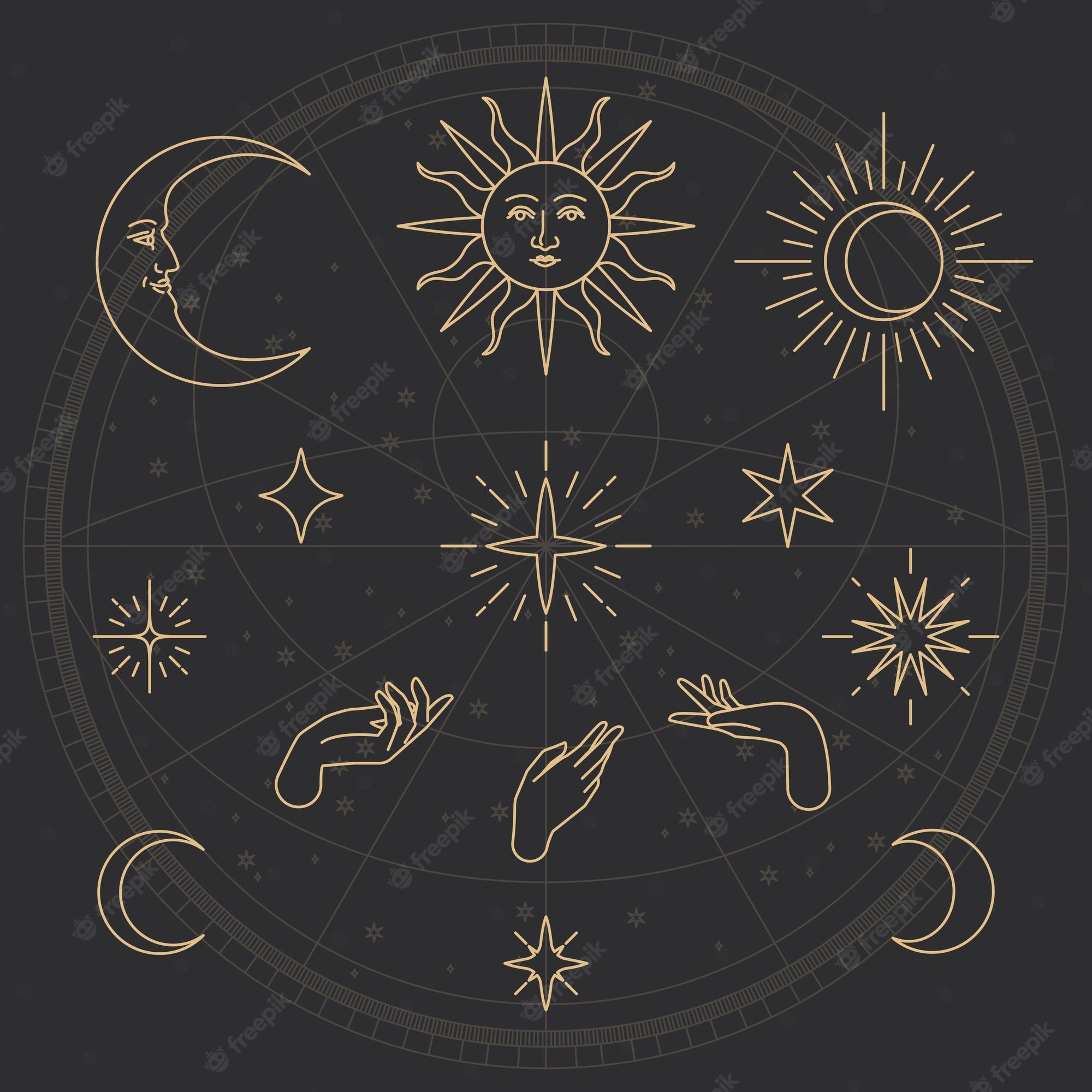 The sun, moon and stars in a circle - Moon phases