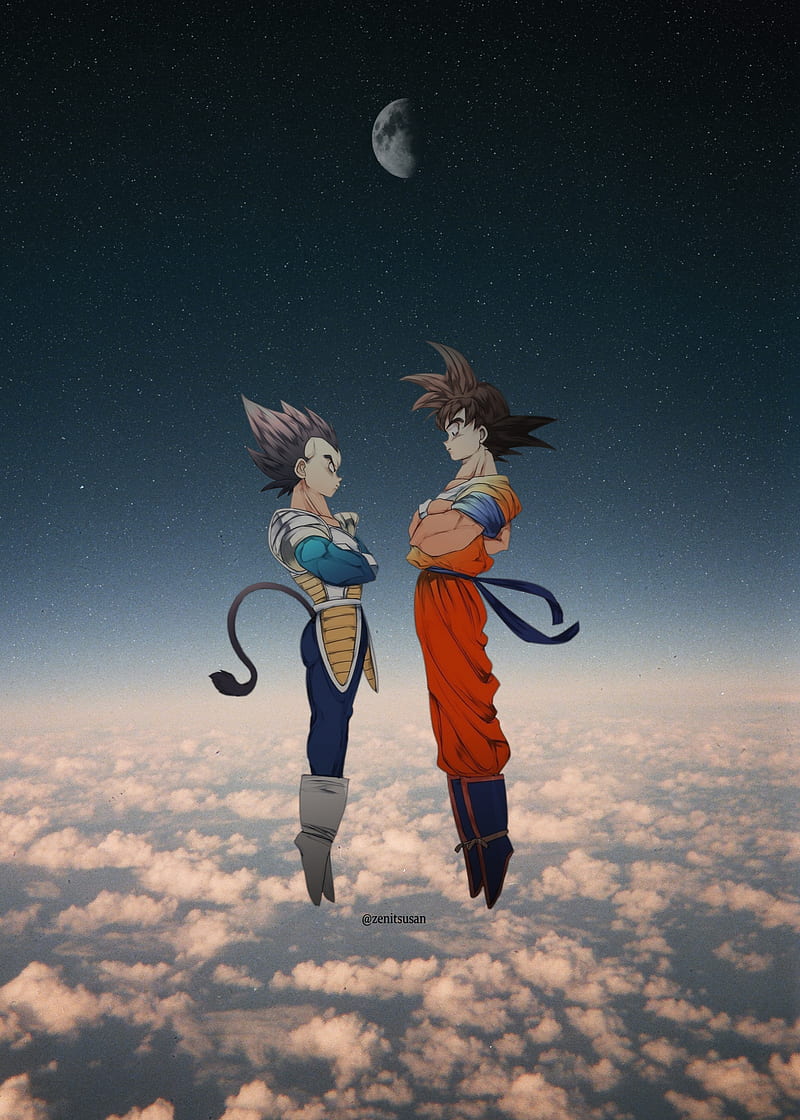 Two people standing in the sky with a moon behind them - Goku