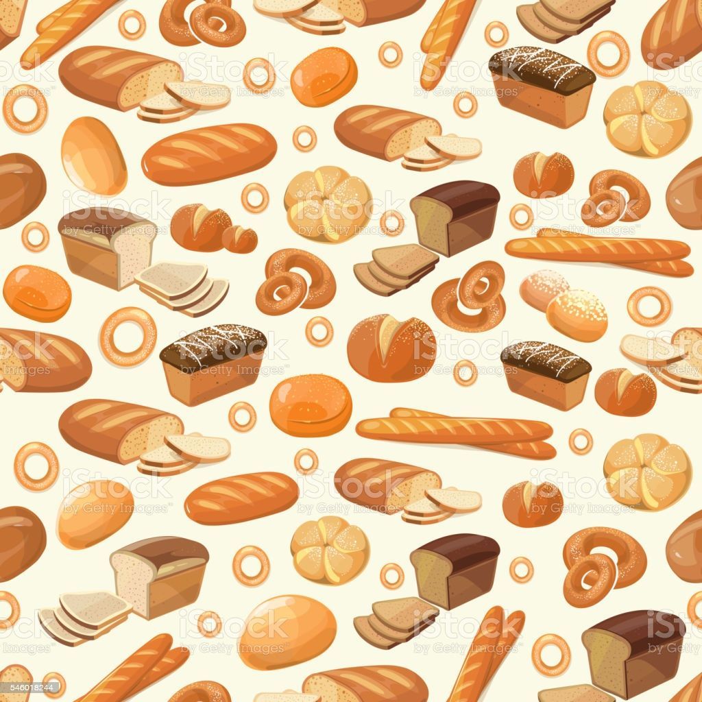 Vector seamless pattern with different types of bread on a white background. Vector illustration. - Bakery