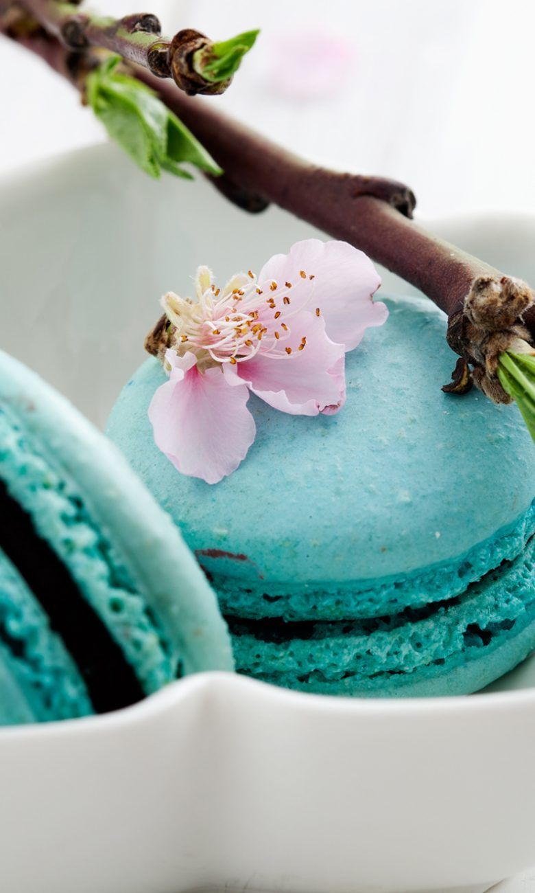 A blue macaroon with pink flowers on it - Bakery