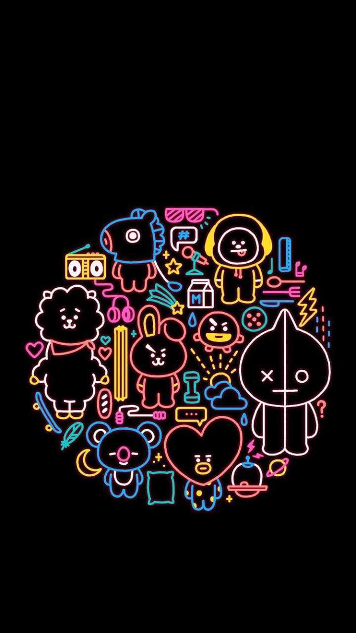 BTS neon characters wallpaper for phone. - BT21