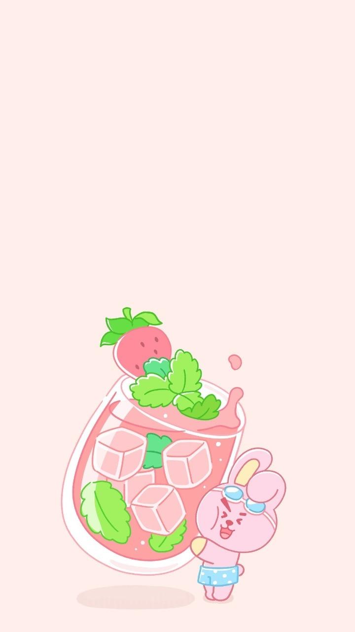 IPhone wallpaper of a cute pink bunny holding a big strawberry milkshake - BT21