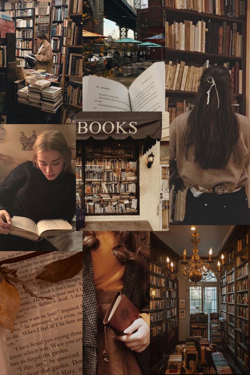 A collage of book related images including a girl reading a book, a book store, and a library. - Library