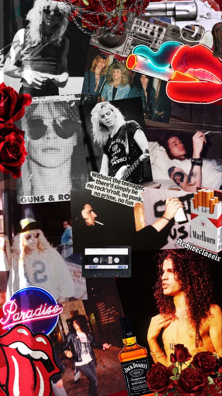 A collage of 80s rock bands, Guns N' Roses, and other rock and roll symbols - Rock, punk