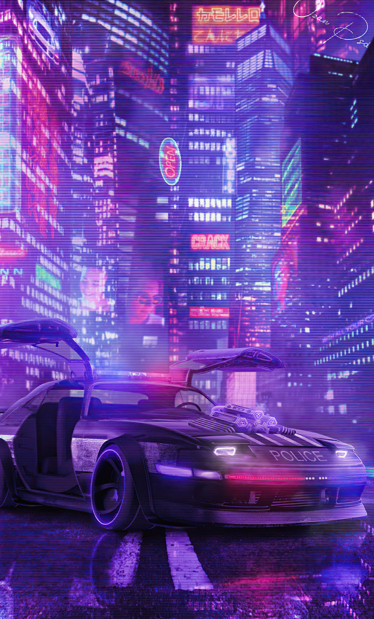 A cyberpunk police car with purple and blue lights sits in front of a cityscape of neon lights. - Punk