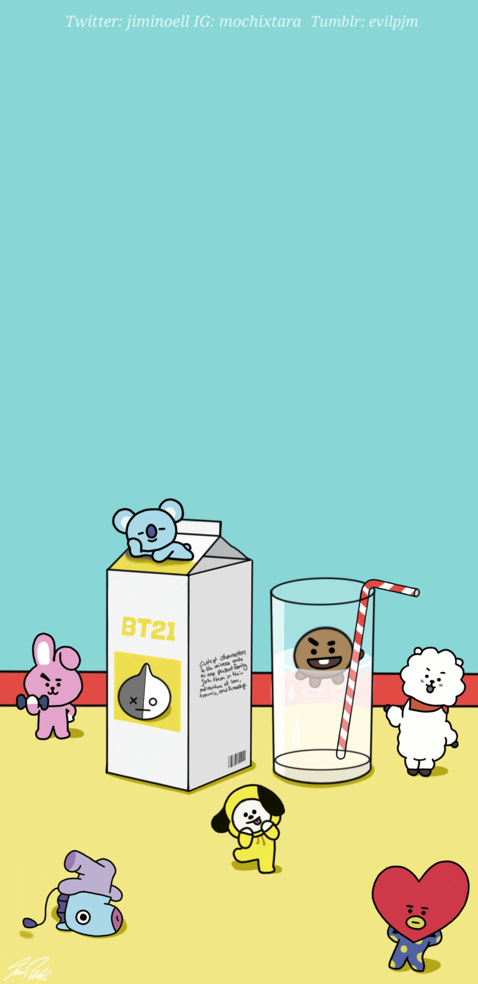 A poster with various cartoon characters and milk - BT21