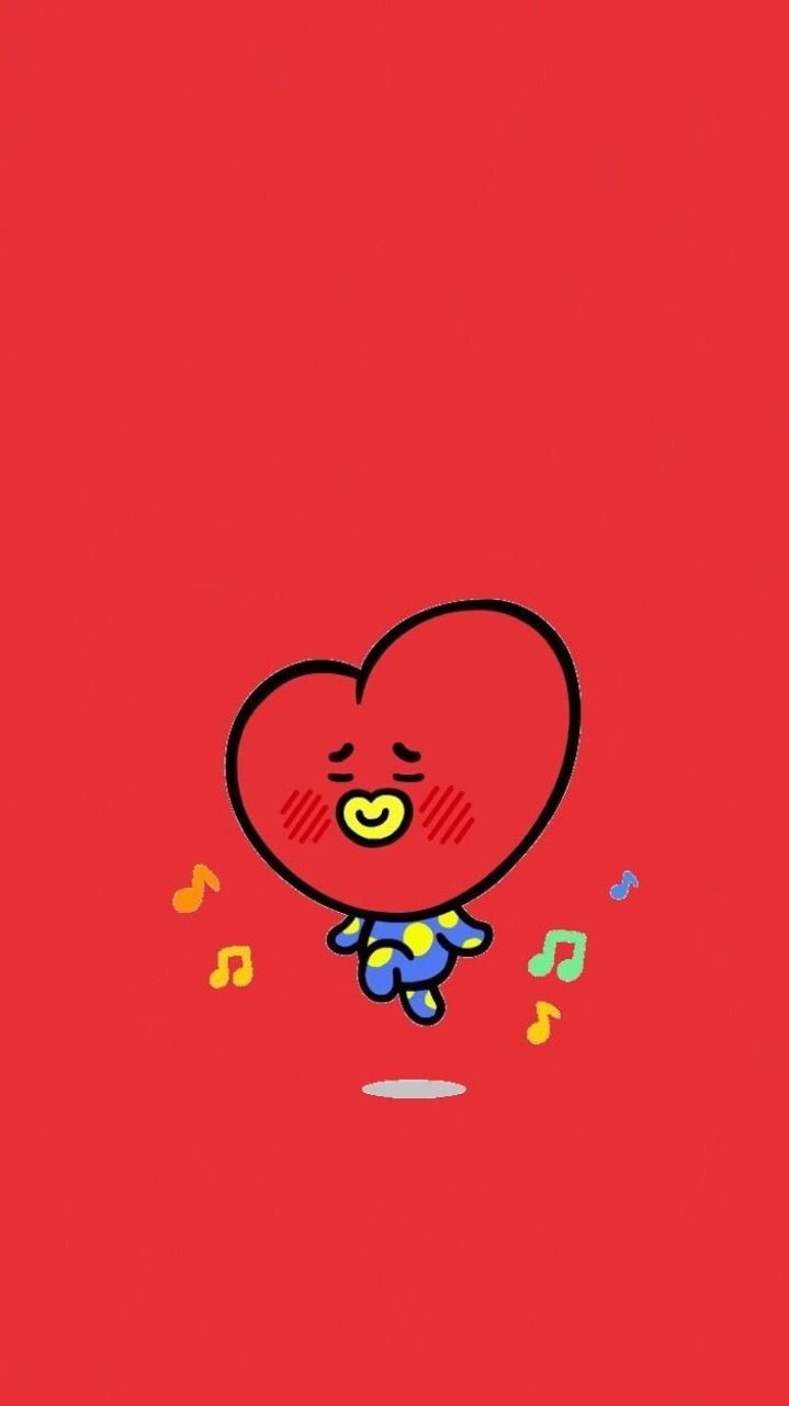 A phone wallpaper of a heart with a face and a tie, with music notes around it - BT21