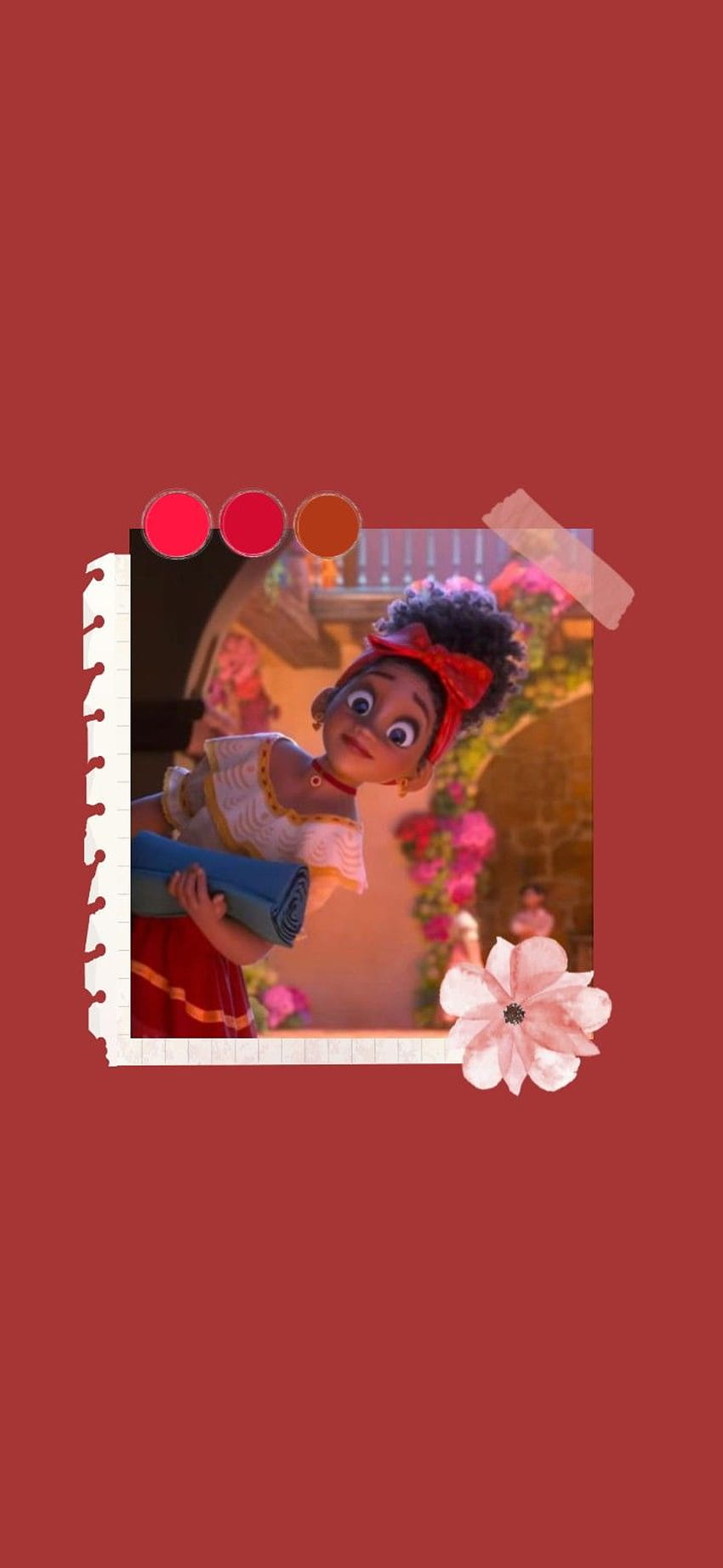 Aesthetic phone background of Disney's Pixar's 'Coco' featuring a red background with a picture of a young girl with a flower on the bottom right corner. - Encanto