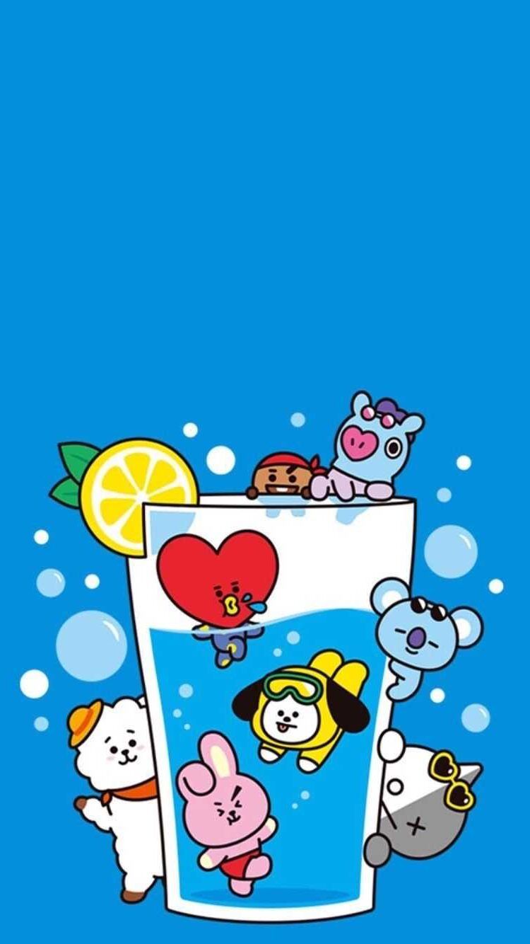 A cartoon character is drinking from the glass - BT21