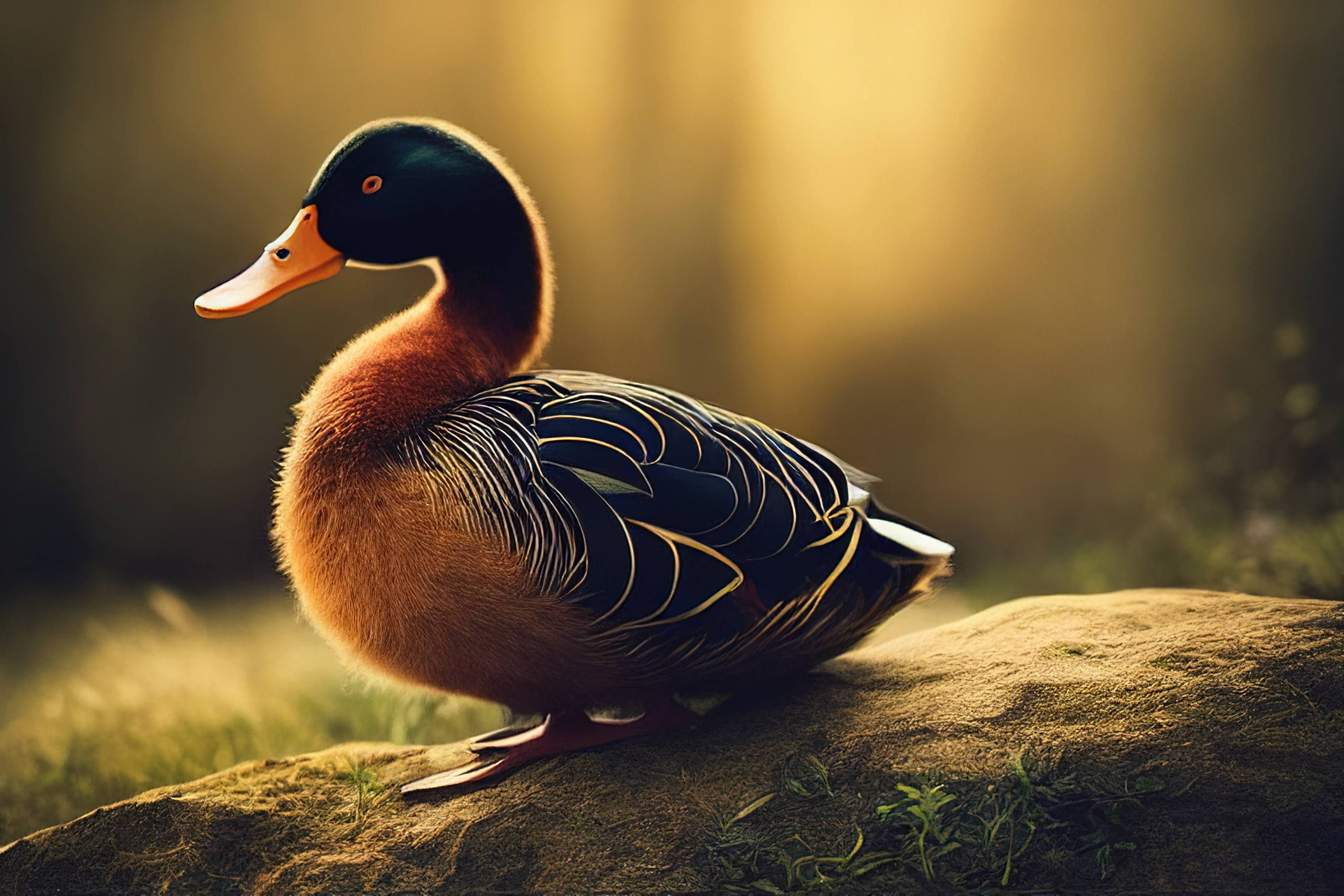 A duck standing on a rock in the sun. - Duck