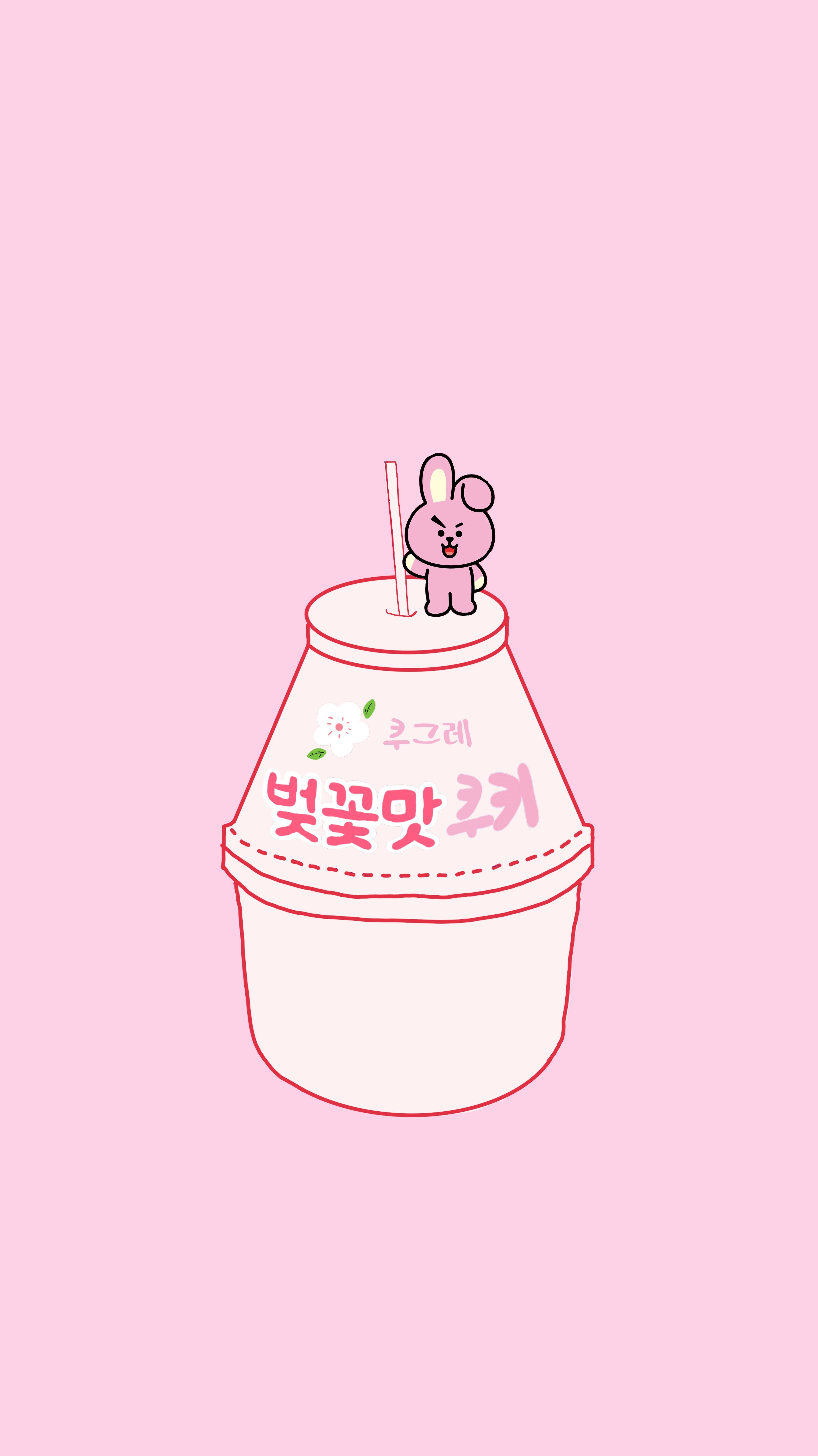 A pink rabbit sitting on top of a drink in a cup. - BT21