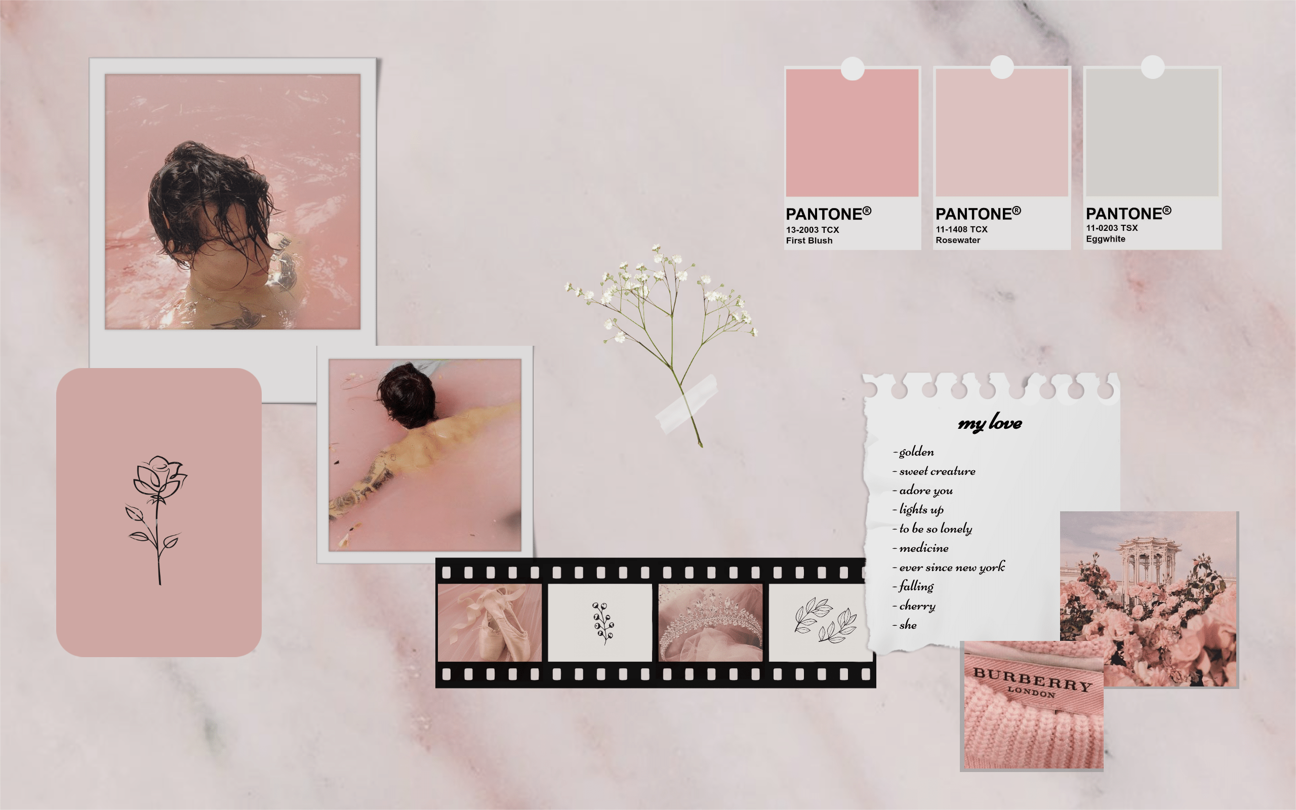 A mood board with images of flowers, a girl in water, and a pink note pad. - Blush