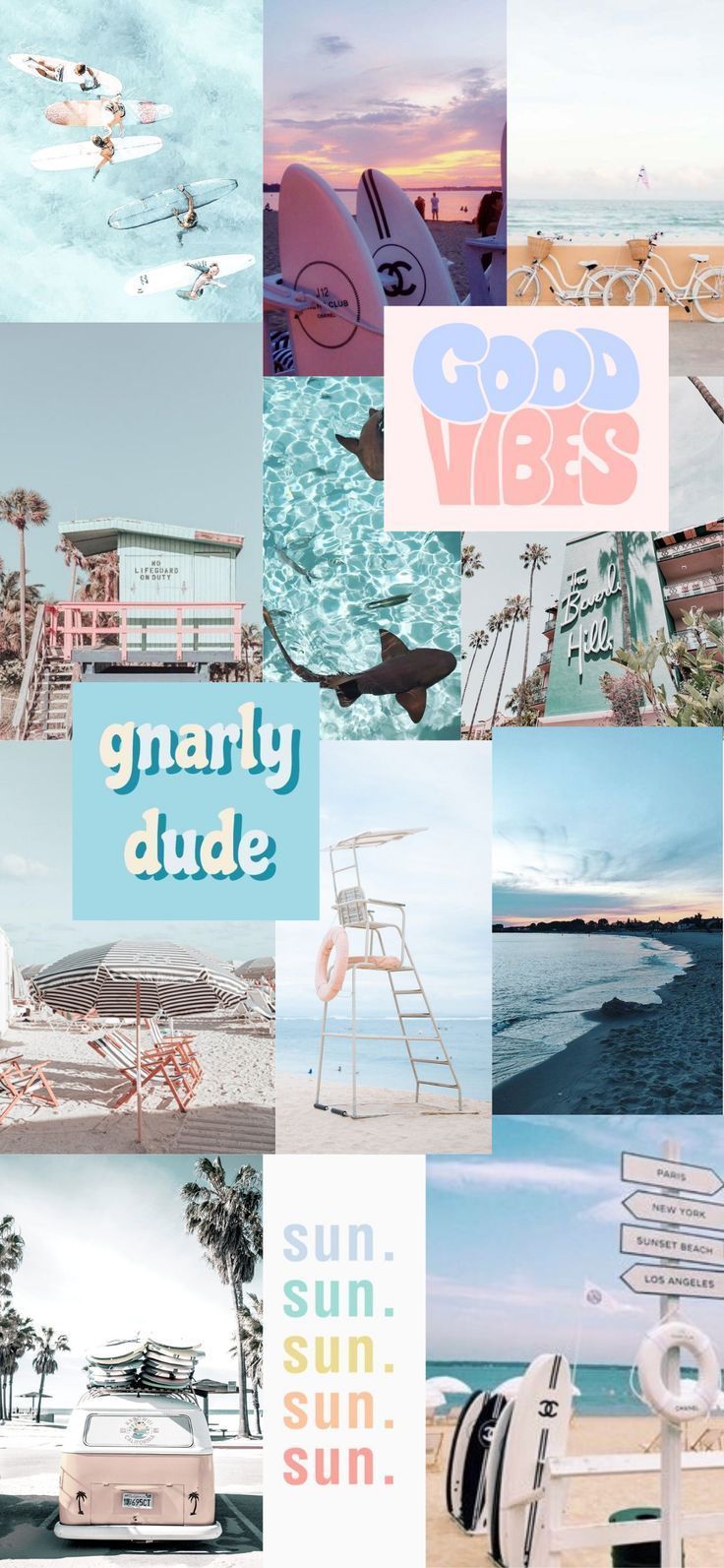 A collage of different beach photos and words such as good vibes and gnarly dude - Beach, coast, collage