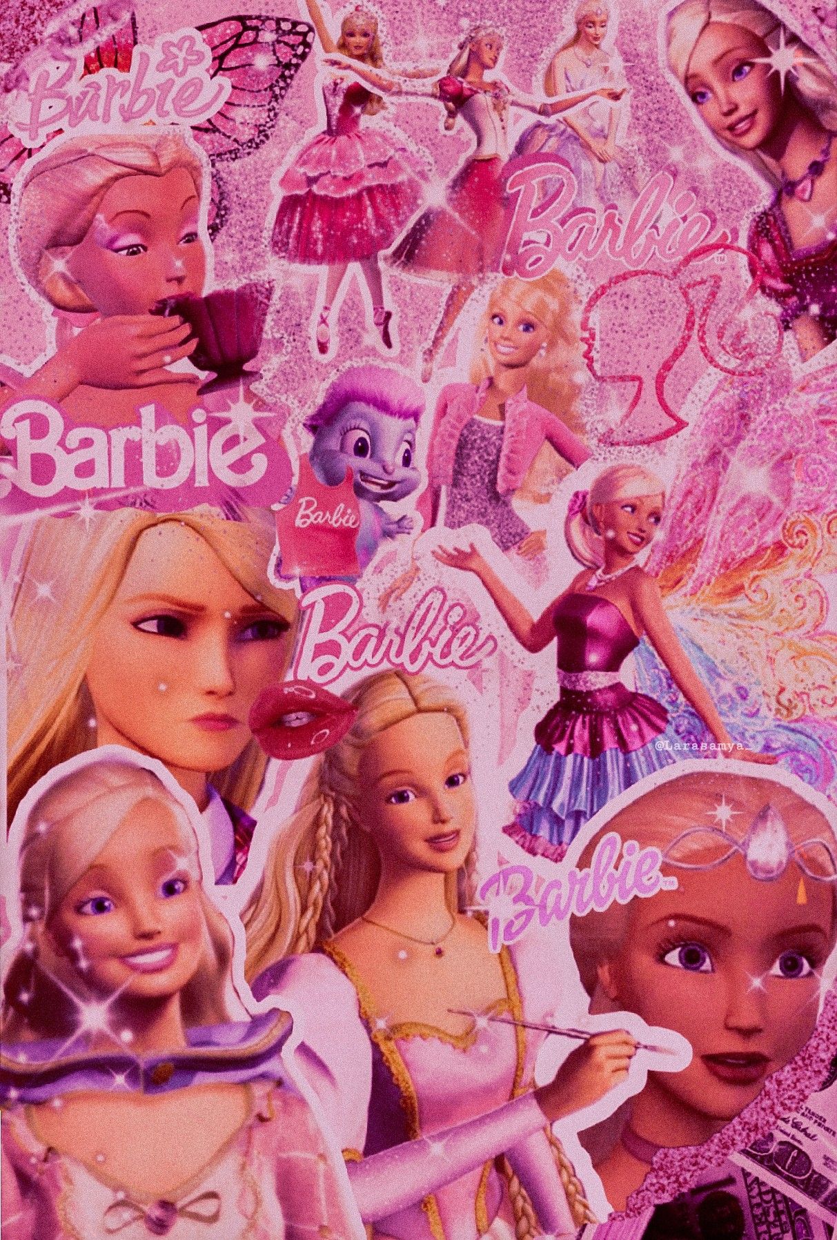 Barbie dolls are featured on a pink background. - Barbie