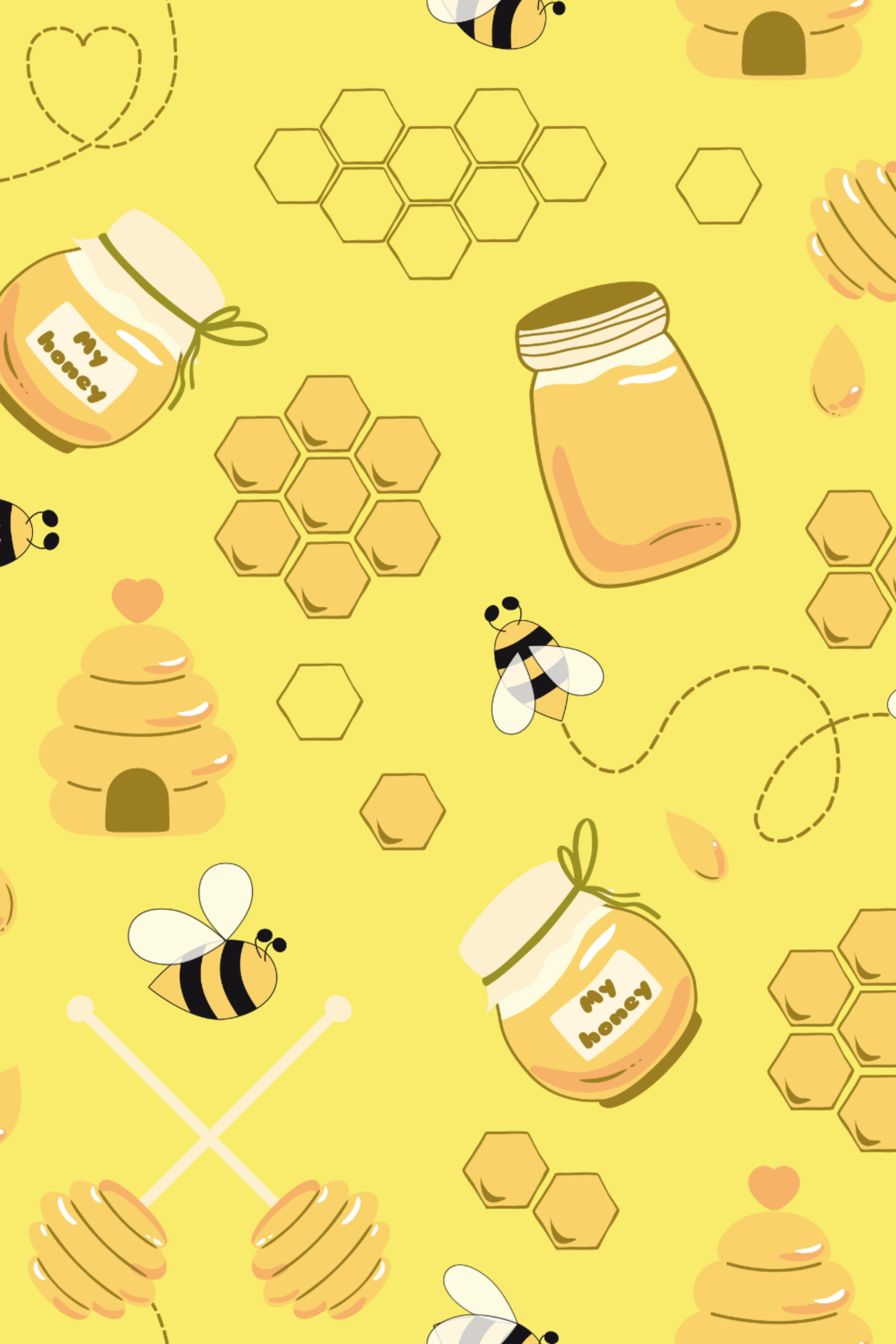 A pattern of bees, honey and jars on yellow - Bee