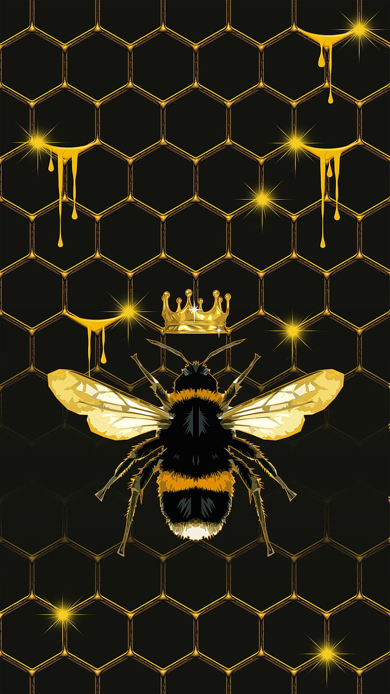 A gold bee with a crown on a black background - Bee