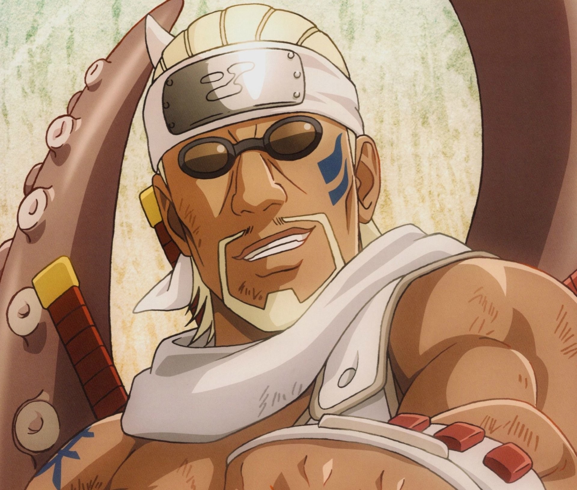 A close-up of a man with a white headband, sunglasses, and a scarred face. He is wearing a white tank top and has a robotic arm. - Bee