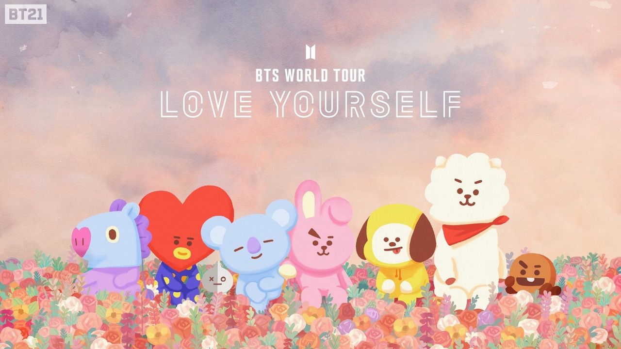 BTS World Tour: Love Yourself. Characters standing in a field of flowers. - BT21