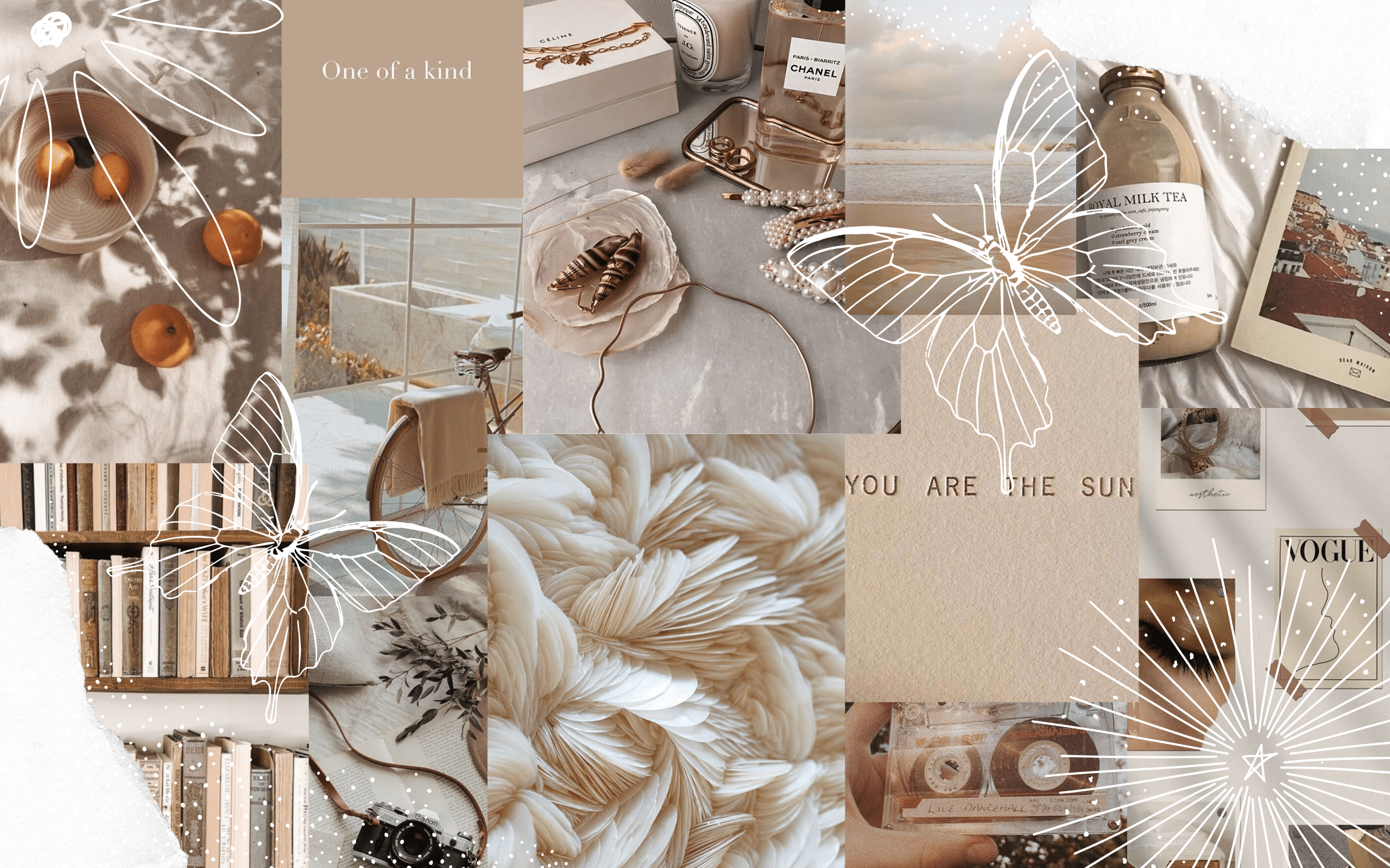 A collage of photos including beige butterflies, a bottle of perfume, a book, and a photo of the ocean. - Neutral, laptop, 2560x1600, silver