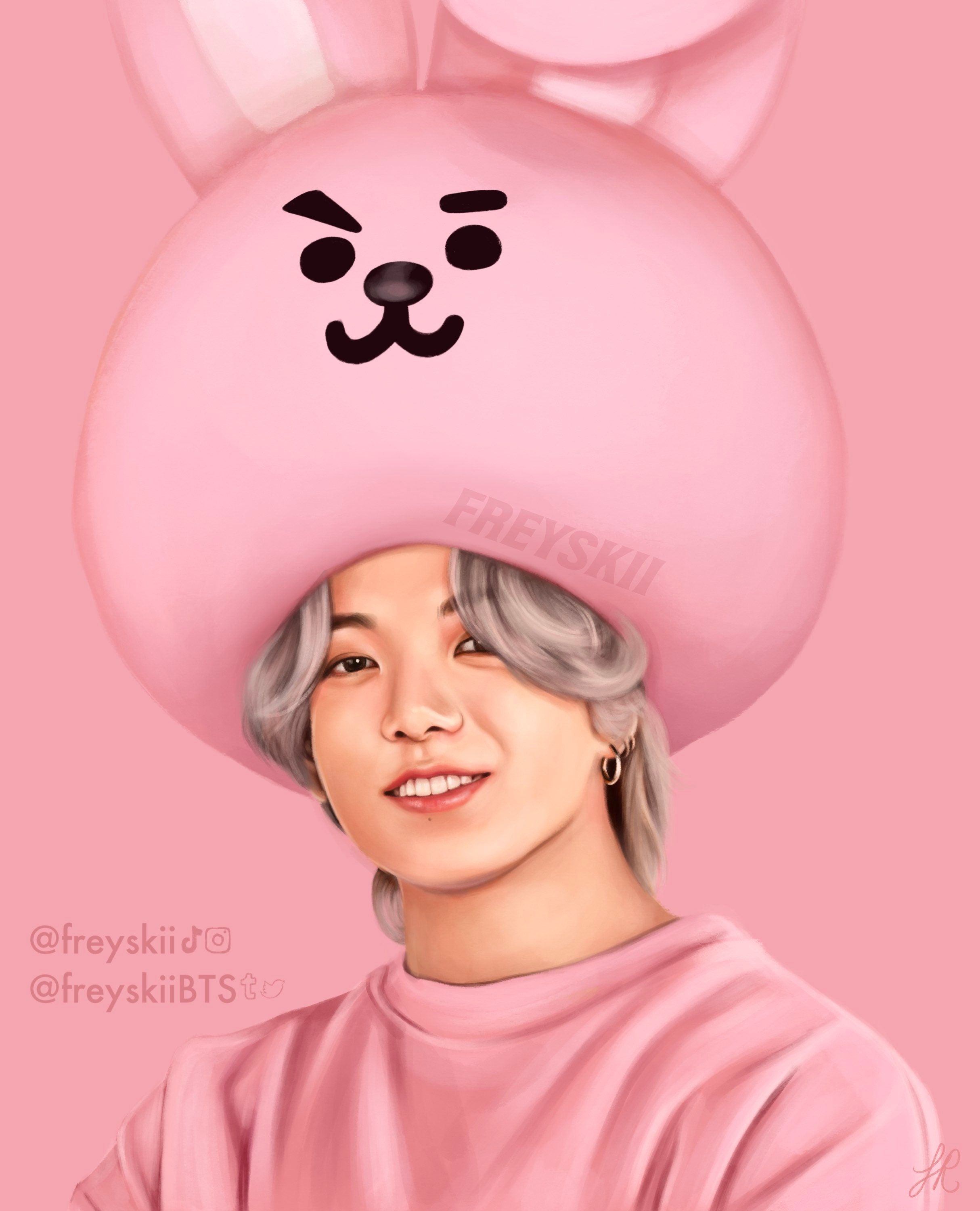 A painting of an asian girl with pink hair and bunny ears - BT21