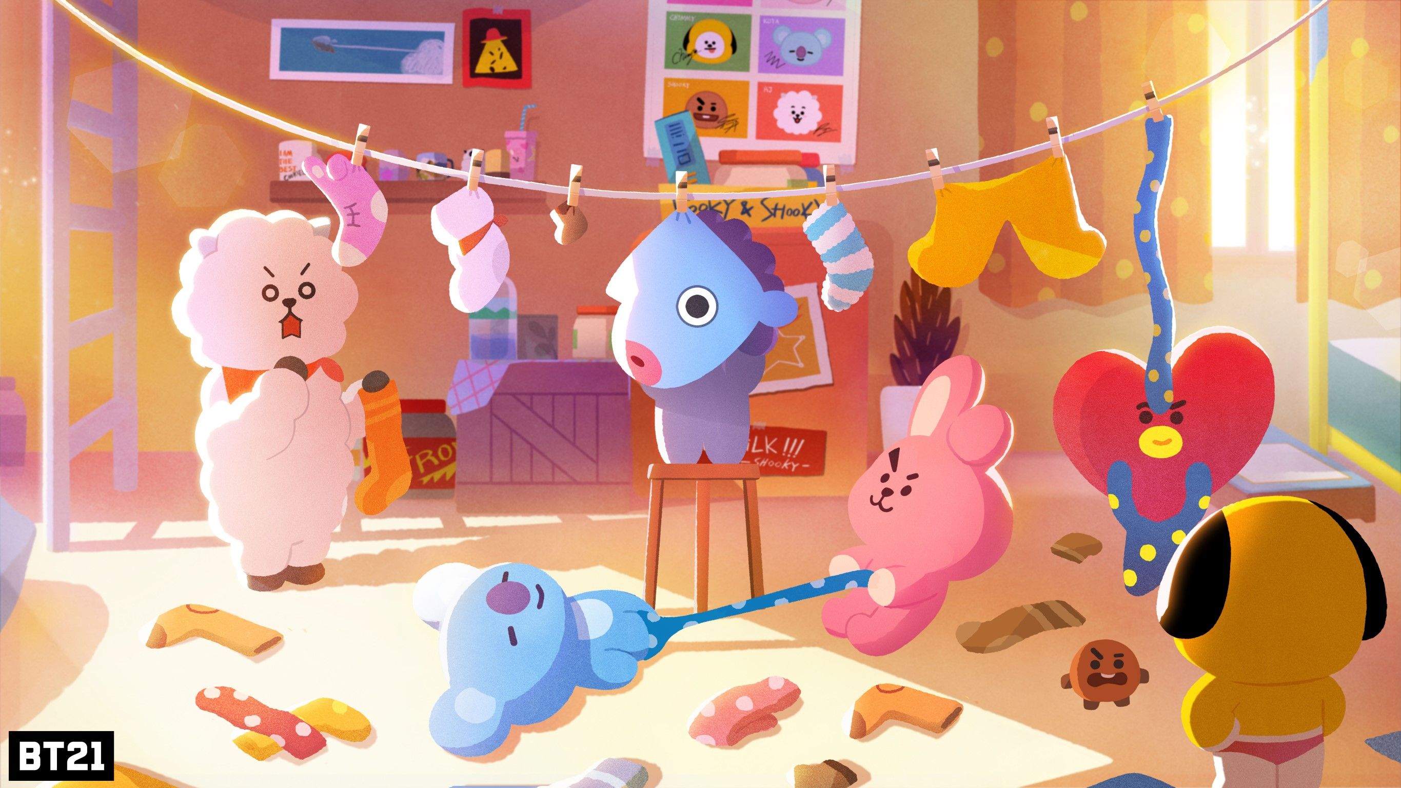 A cartoon of some toys hanging on clothesline - BT21