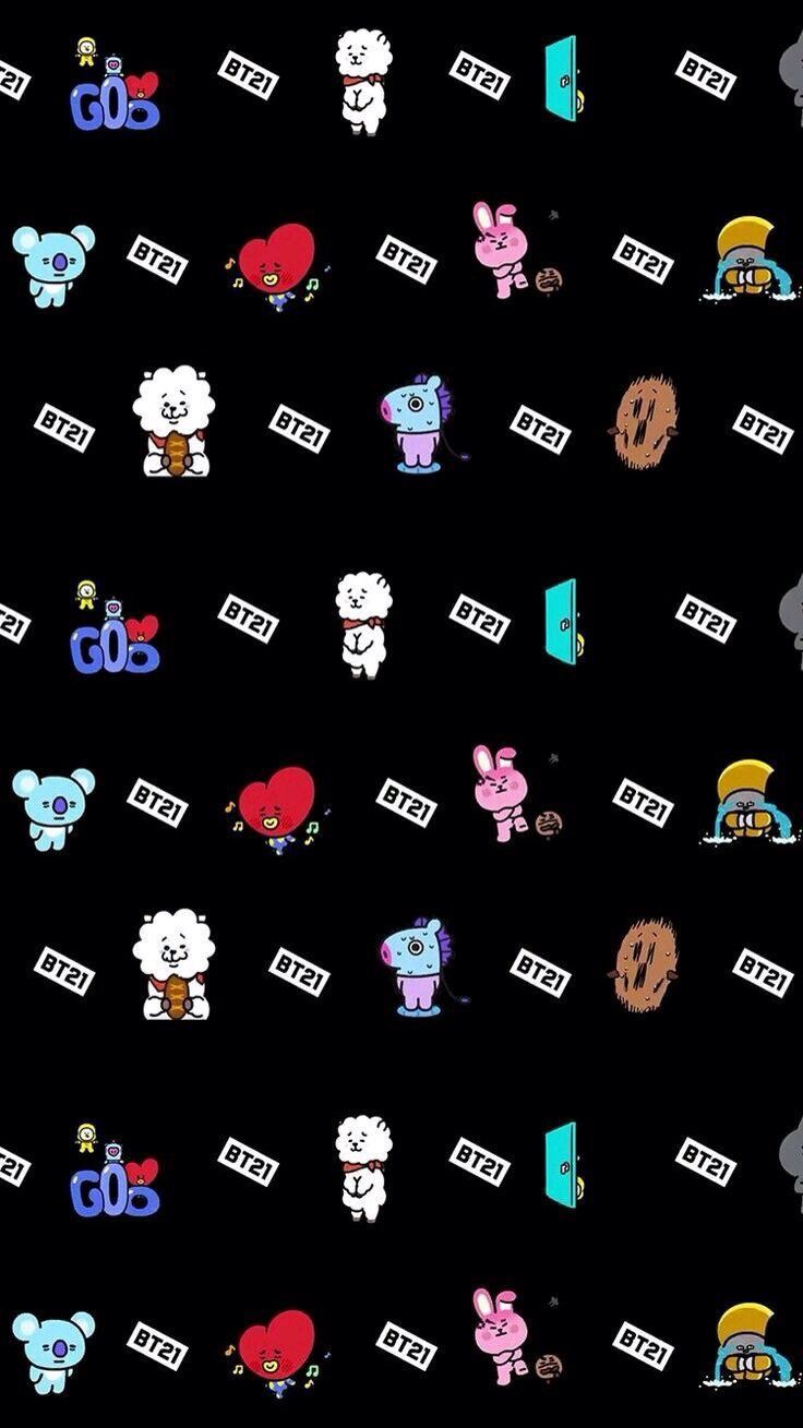 A black background with various cartoon characters - BT21