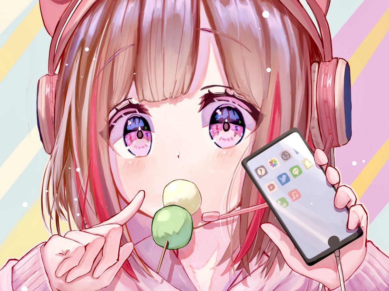 Download wallpaper 1280x960 girl, headphones, phone, candy, pink, anime standard 4:3 HD background