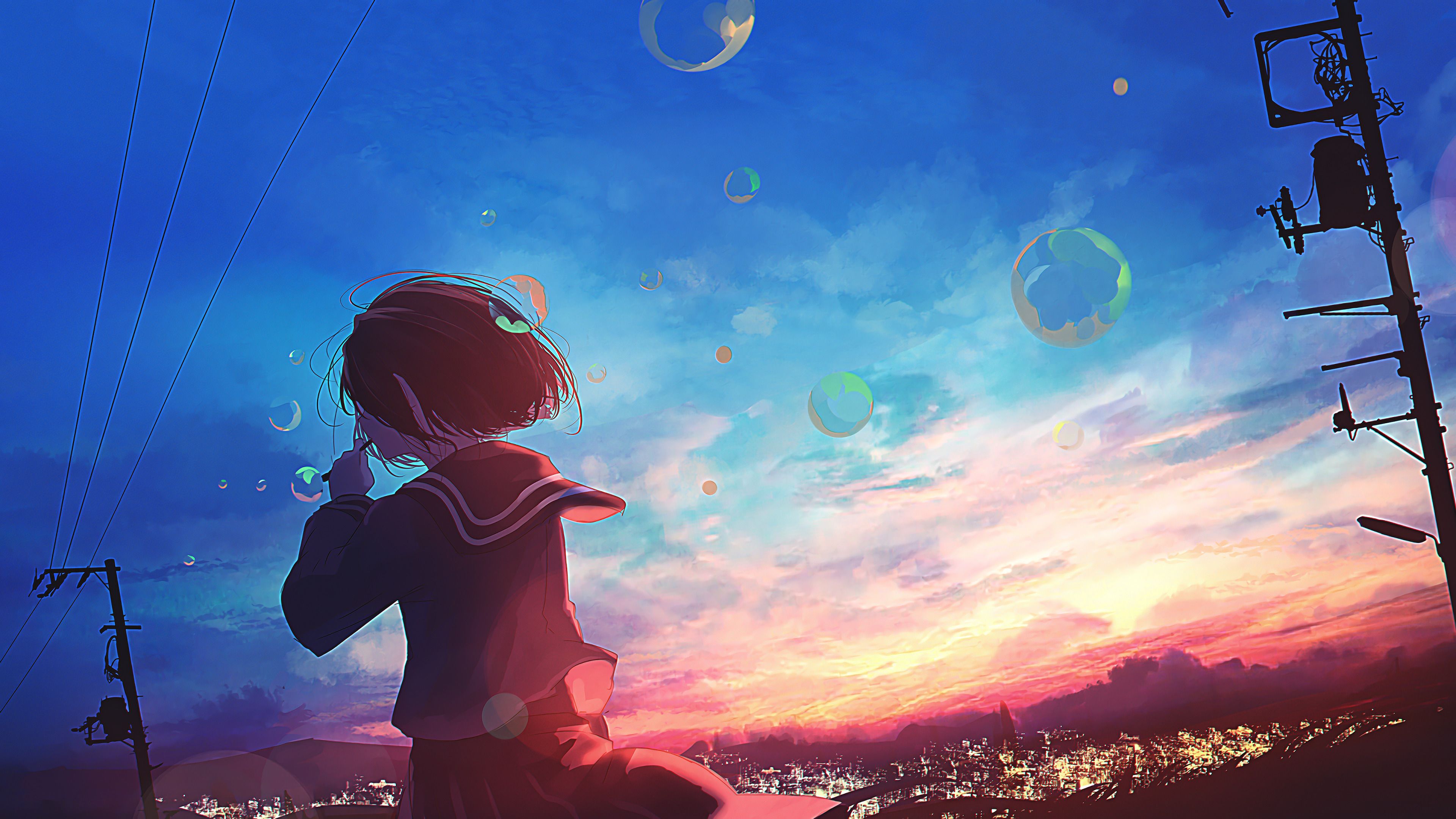 Anime girl standing on the roof looking at the sunset - Bubbles