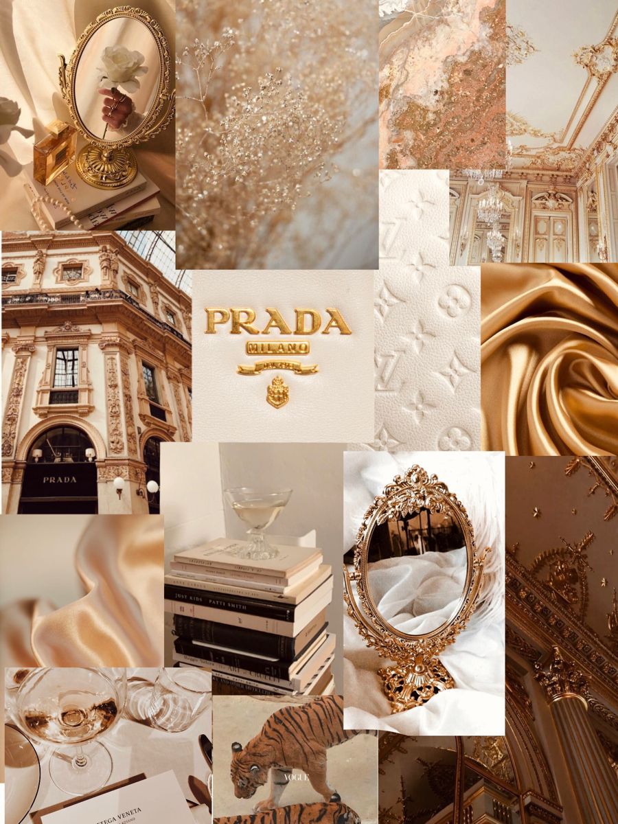 A collage of photos including a Prada logo, gold books, a tiger, and a gold framed mirror. - Champagne