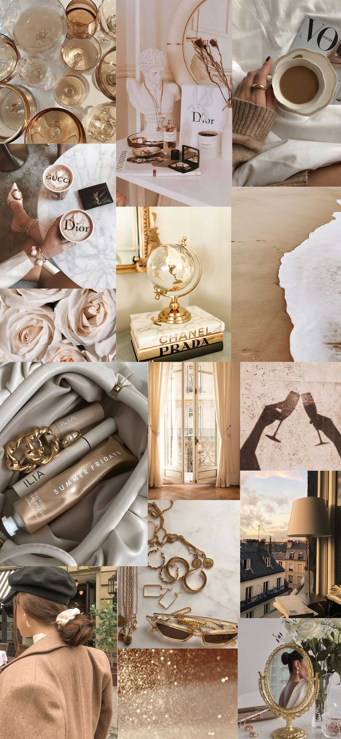 A collage of pictures with gold and white - Champagne, neutral