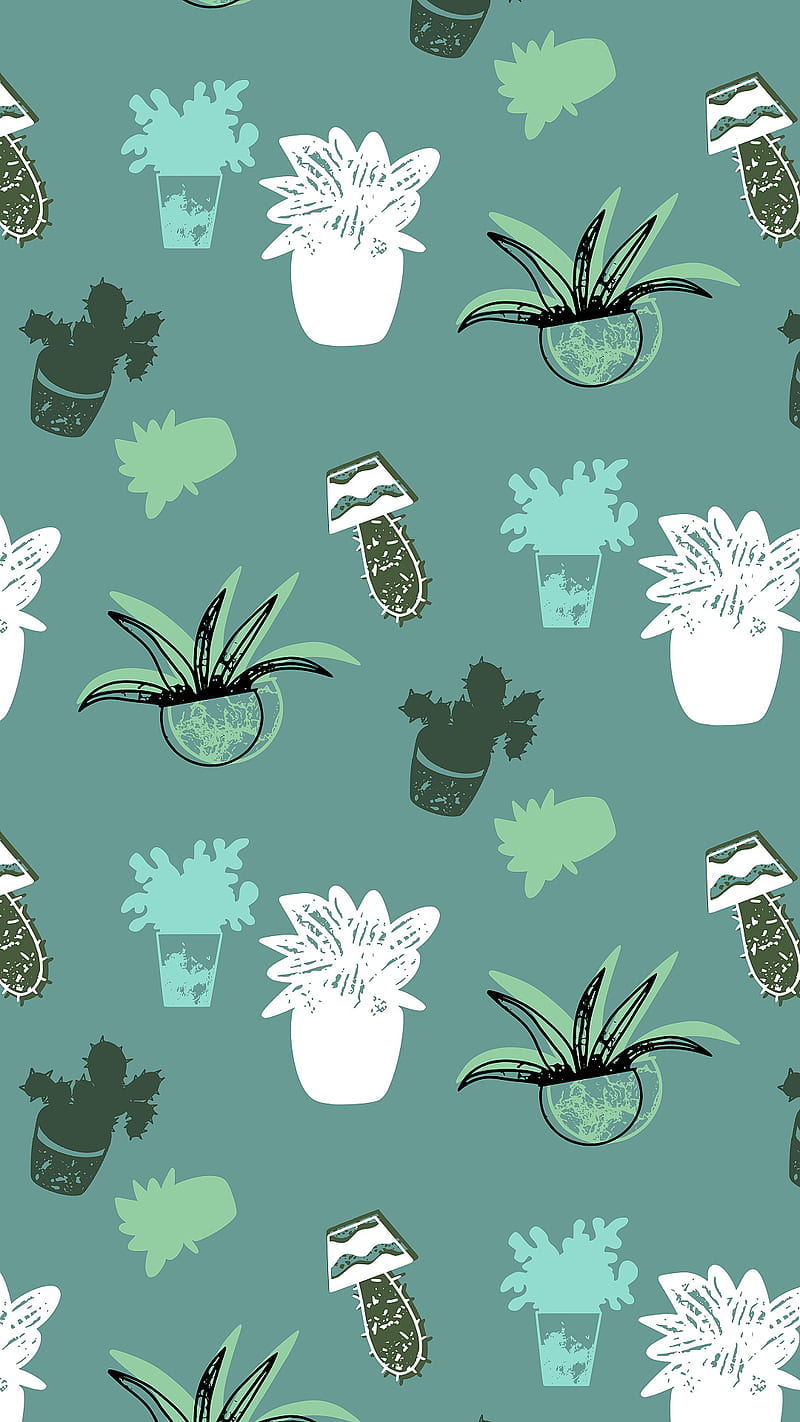A pattern of potted plants on blue background - Turquoise