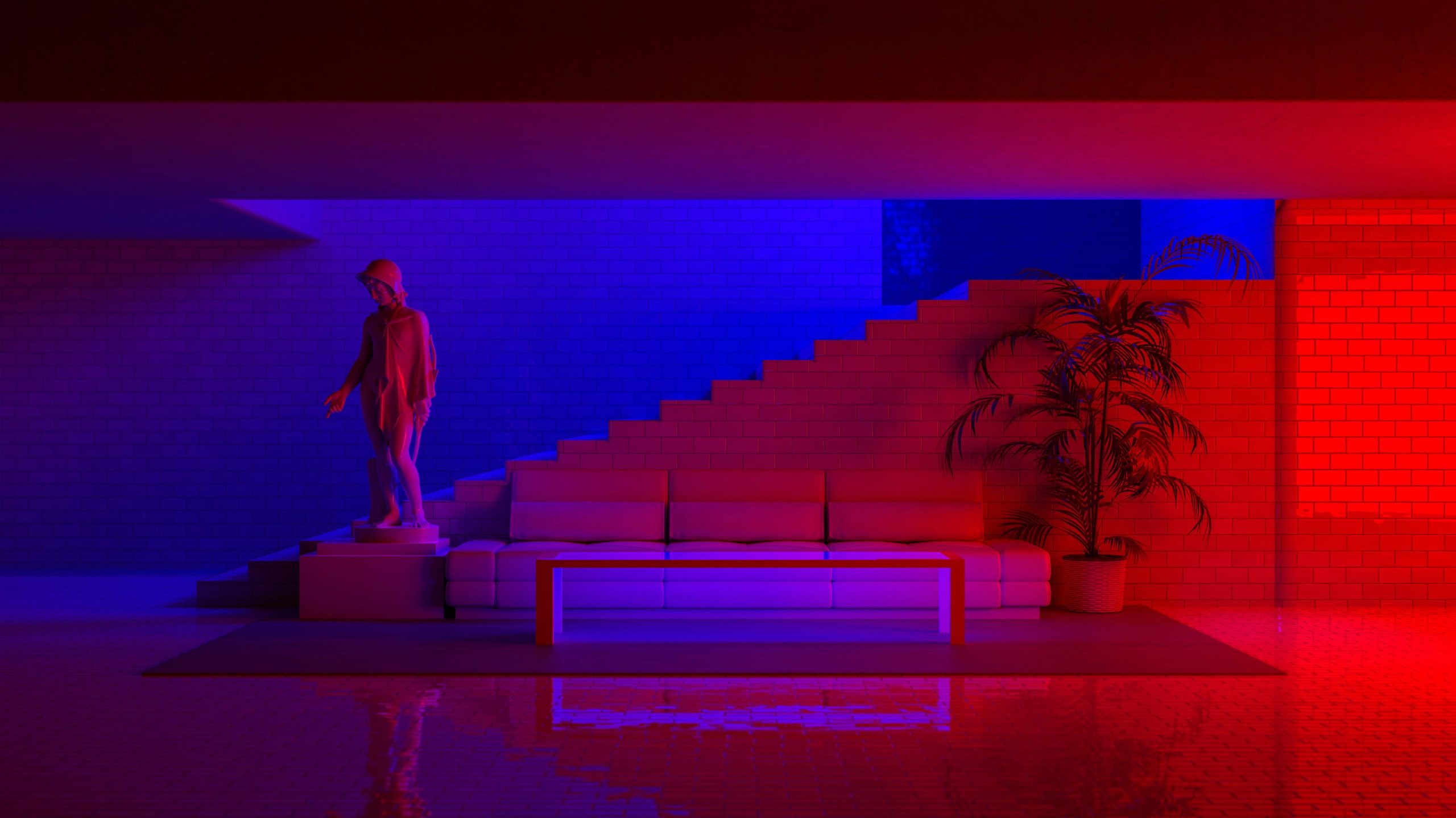 A room with red and blue lighting - Neon red