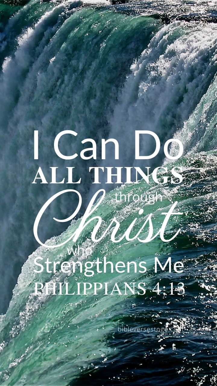 Bible verse about strength from Philippians 4:13 with a waterfall background. - Christian iPhone