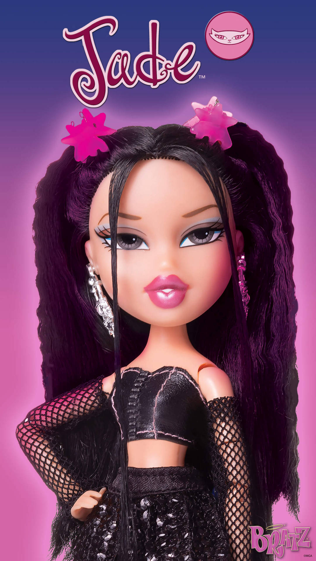 A doll with purple hair and black clothing - Bratz