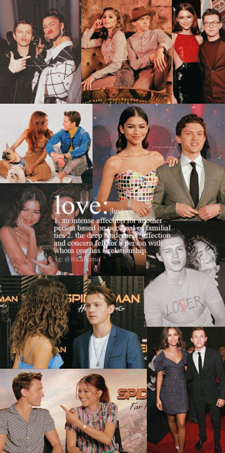 Collage of photos of Tom Holland and Zendaya with the definition of love. - Tom Holland