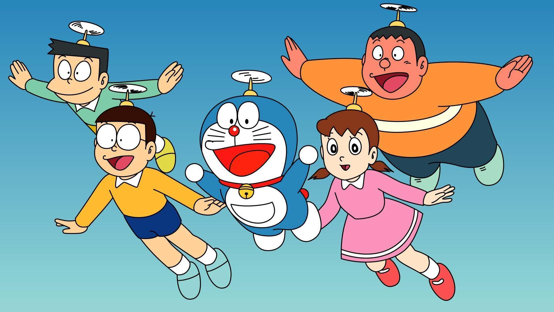 Nobita Nobi Doraemon Shizuka Minamoto Takeshi Goda Suneo Honekawa In Sky Background HD Cartoon Wallpaper