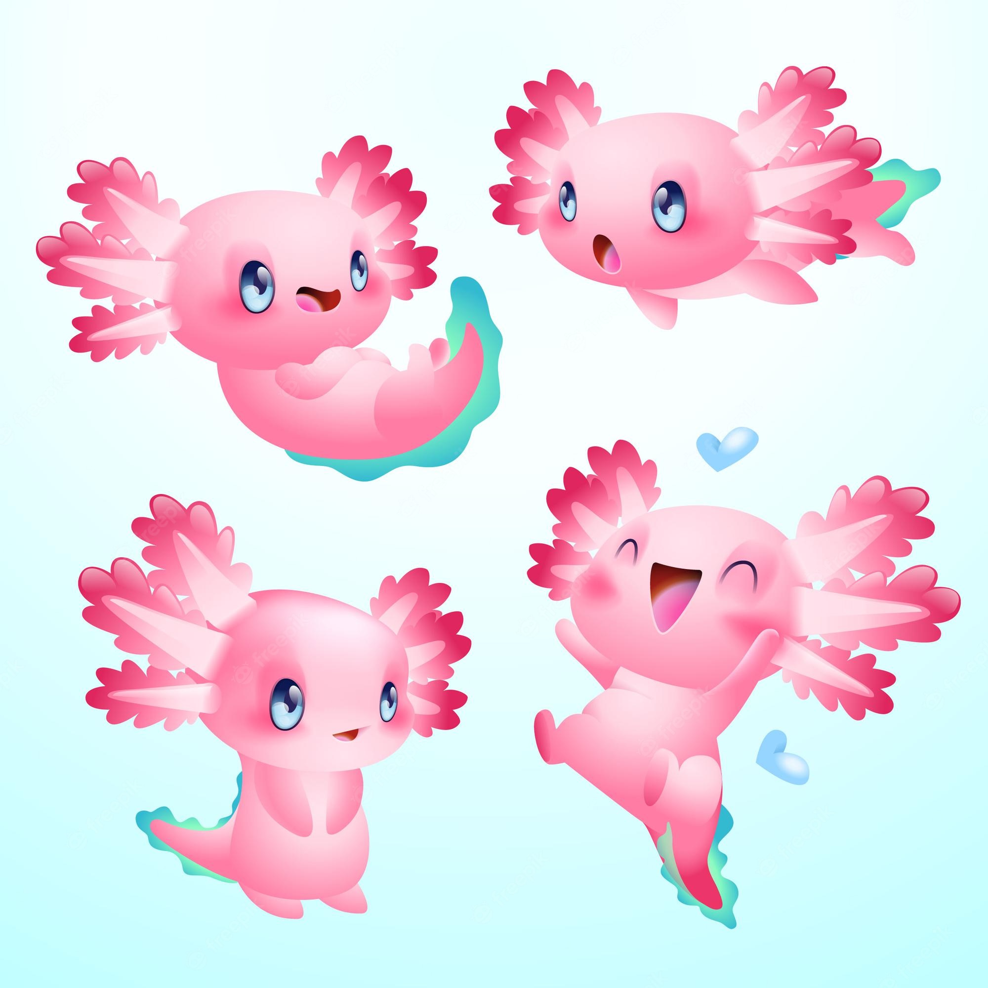 Four cute axolotls, each in a different pose and with a different expression. - Axolotl