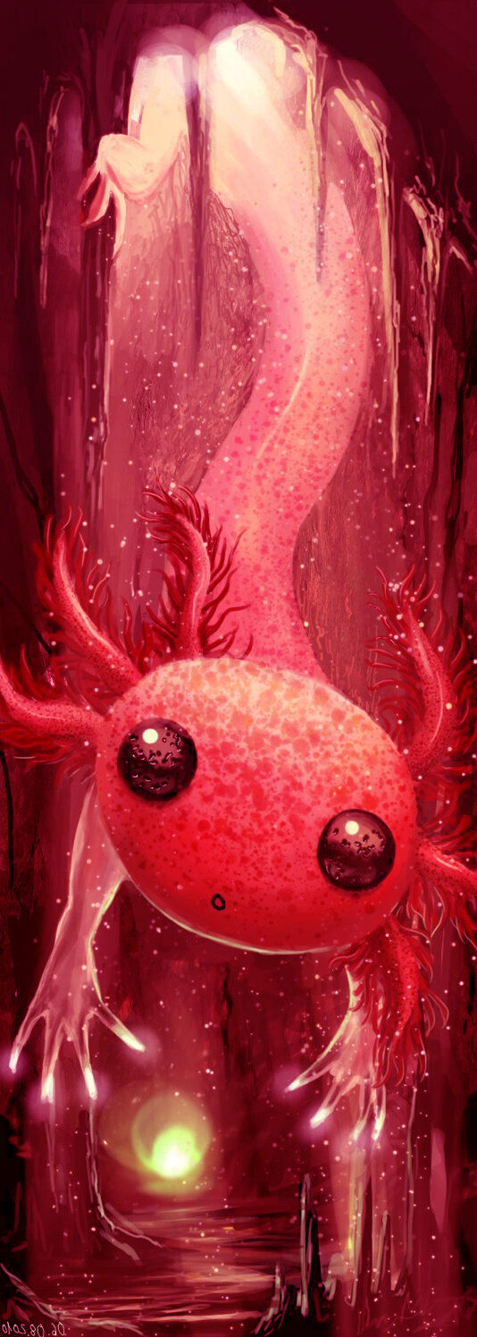 A red creature with big eyes and horns - Axolotl