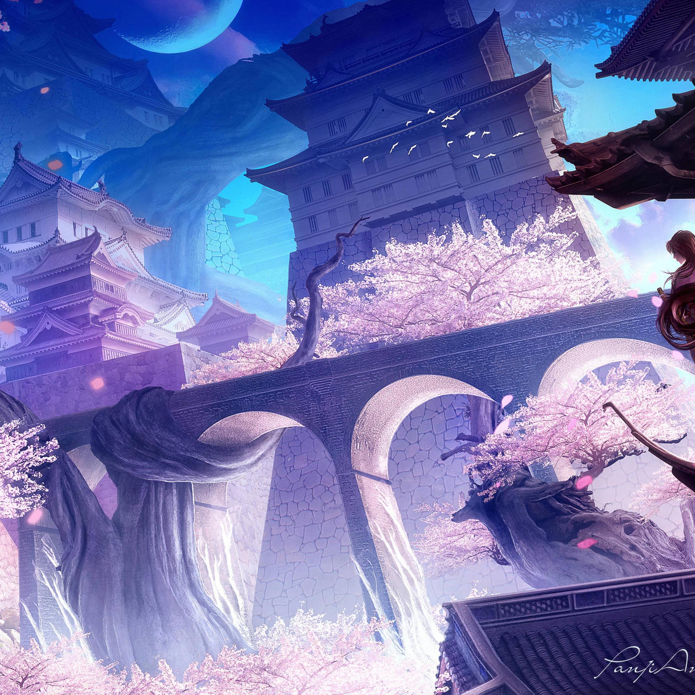A beautiful anime landscape with cherry blossom trees, a waterfall, and a bridge. - Castle