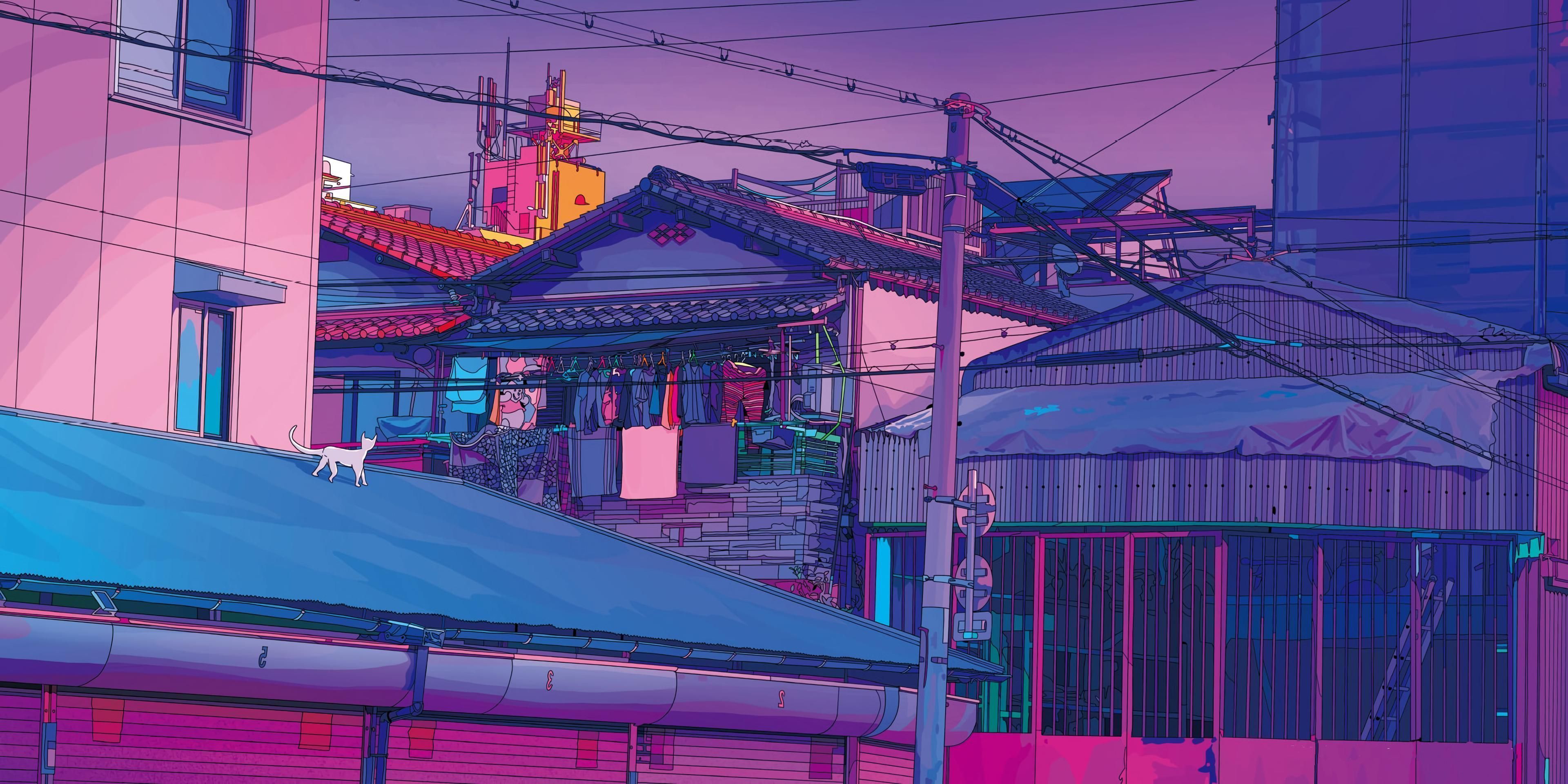 A building with wires and buildings in the background - Desktop, 90s anime, Japanese, lo fi, Tokyo, anime, Japan, art
