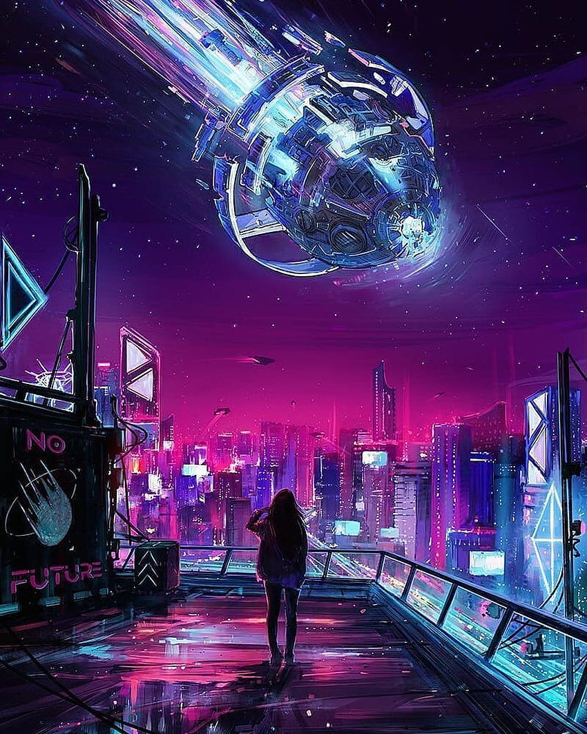 A girl looking at a spaceship flying over a neon city - Cyberpunk