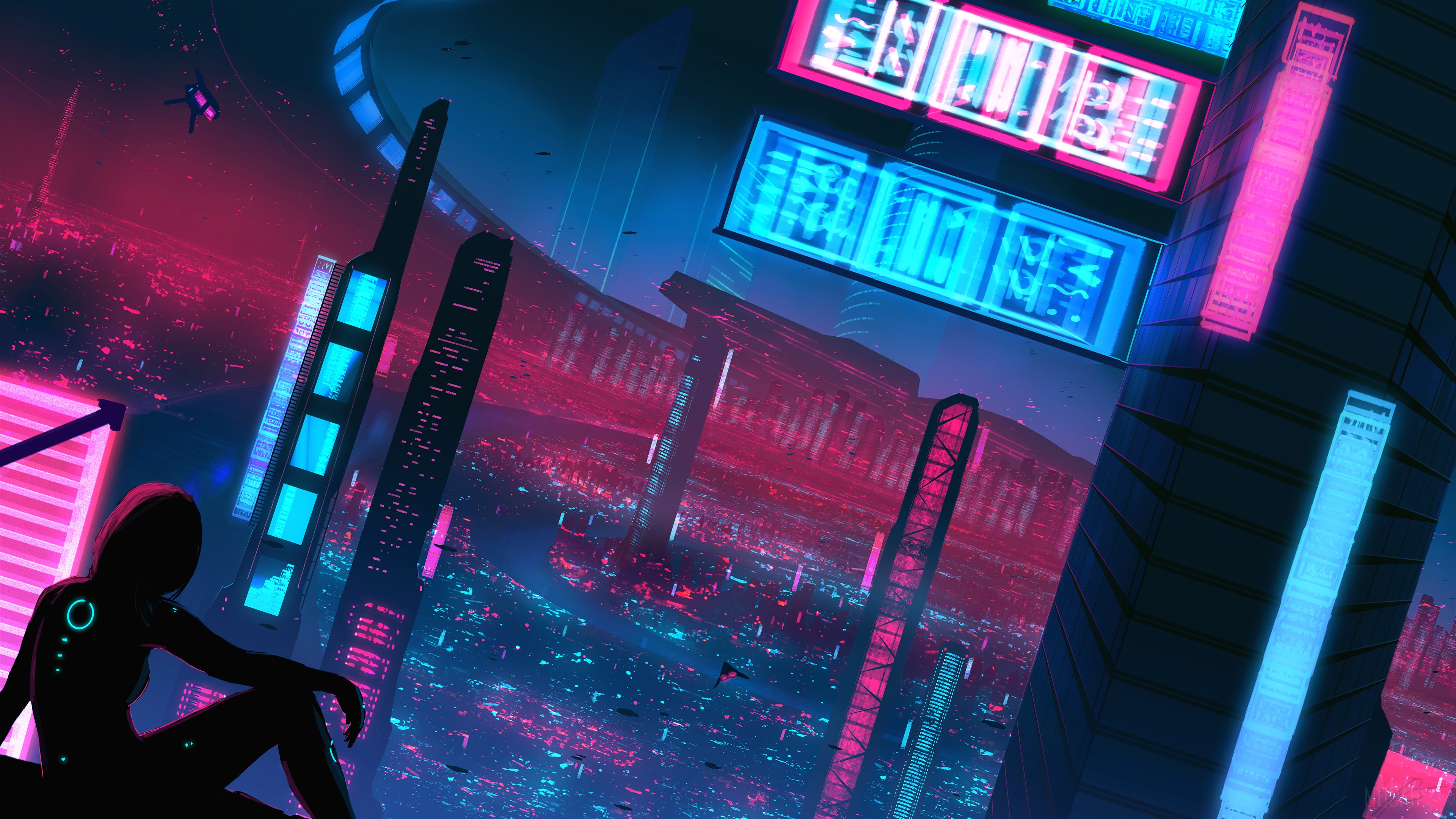 A woman sitting on the ground in front of some buildings - Cyberpunk
