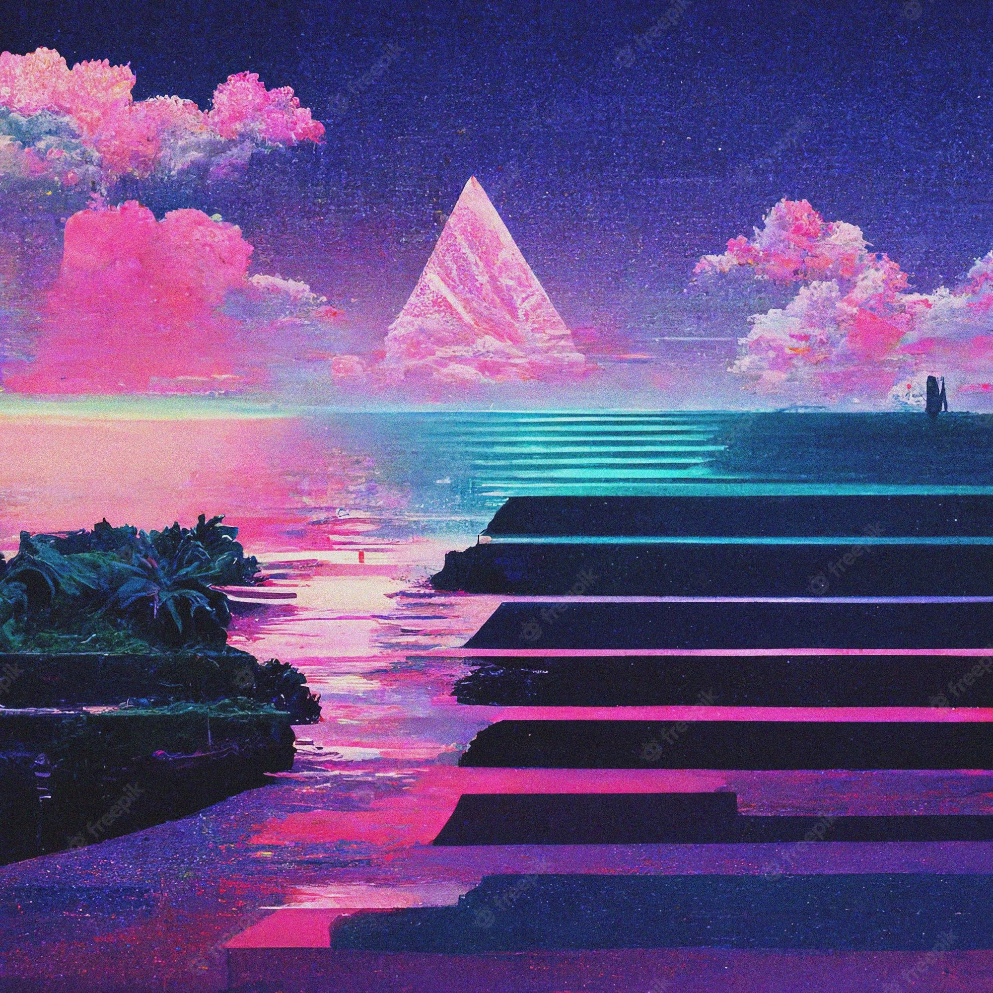 A painting of a pyramid in the distance, with steps leading into the water - Vaporwave