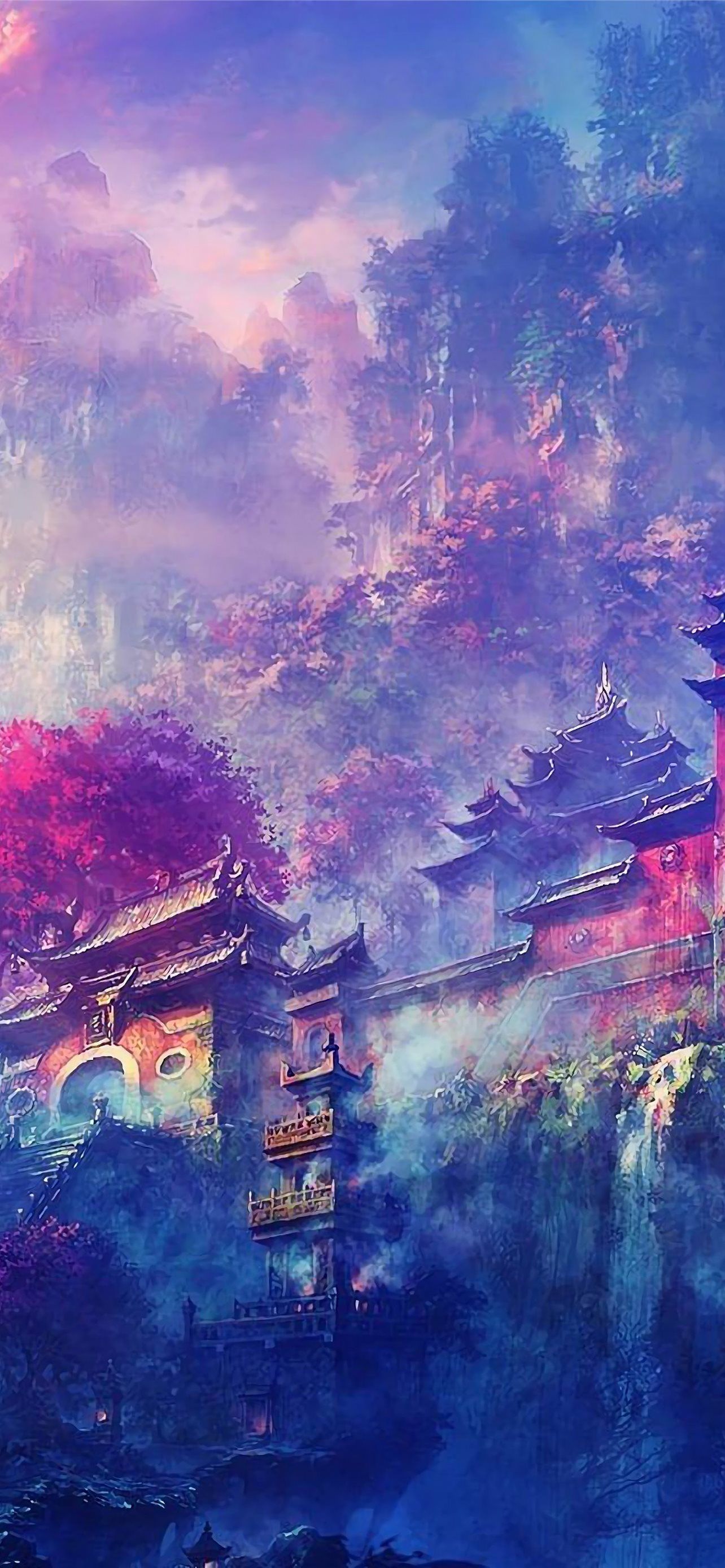 Buddha Oriental Castle Scenery Anime 4K iPhone Wallpaper Free Download