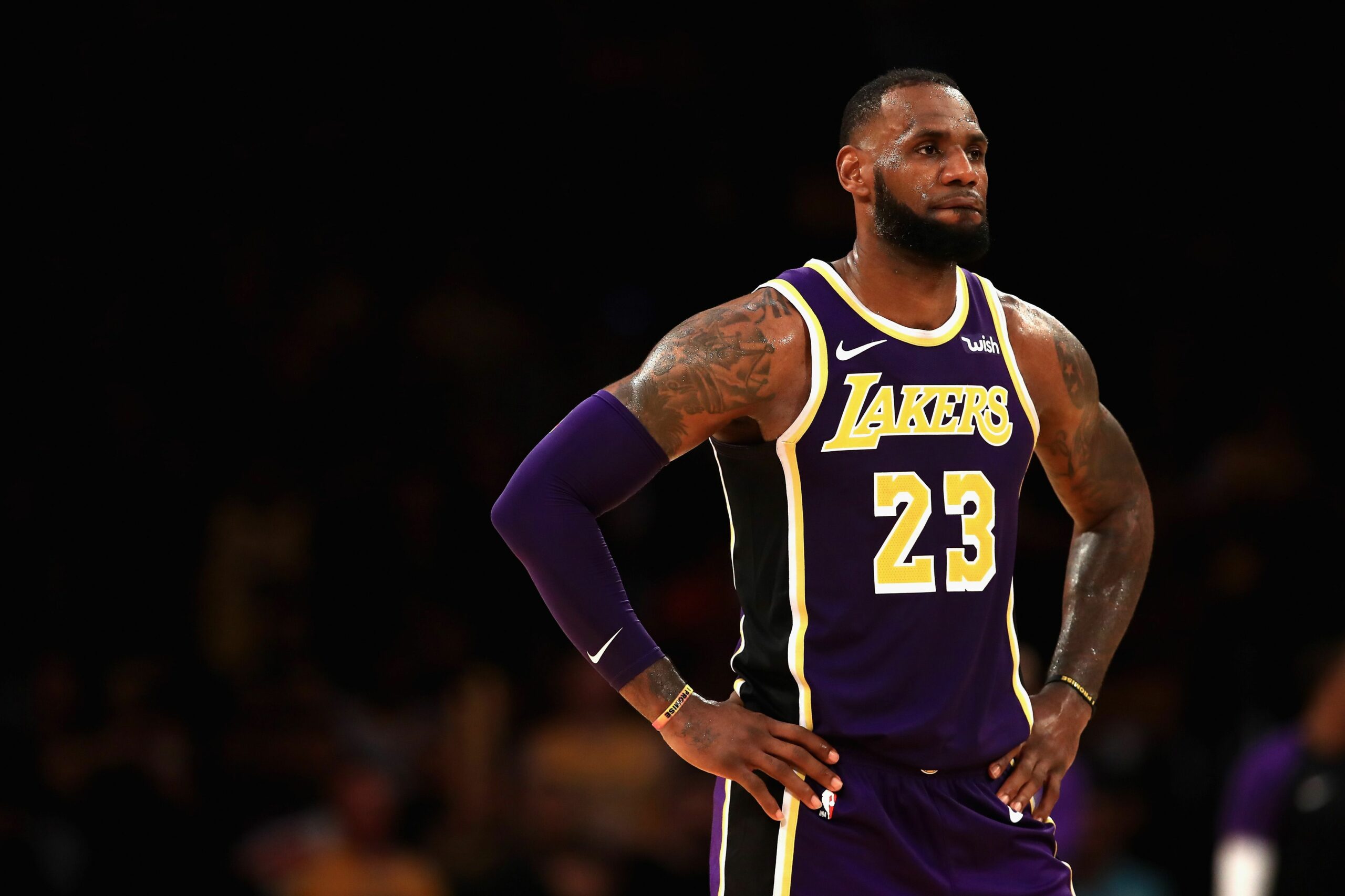 LeBron James #23 of the Los Angeles Lakers looks on during the first half of a game against the New York Knicks at Madison Square Garden on December 25, 2019 in New York City. - NBA
