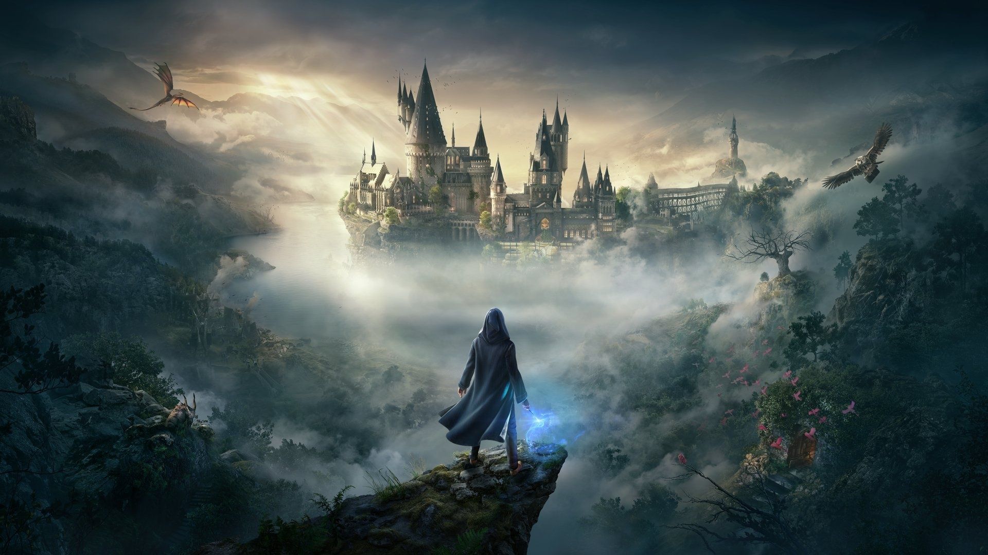 A character from Hogwarts Legacy stands on a cliff with Hogwarts castle in the background - Castle, Hogwarts