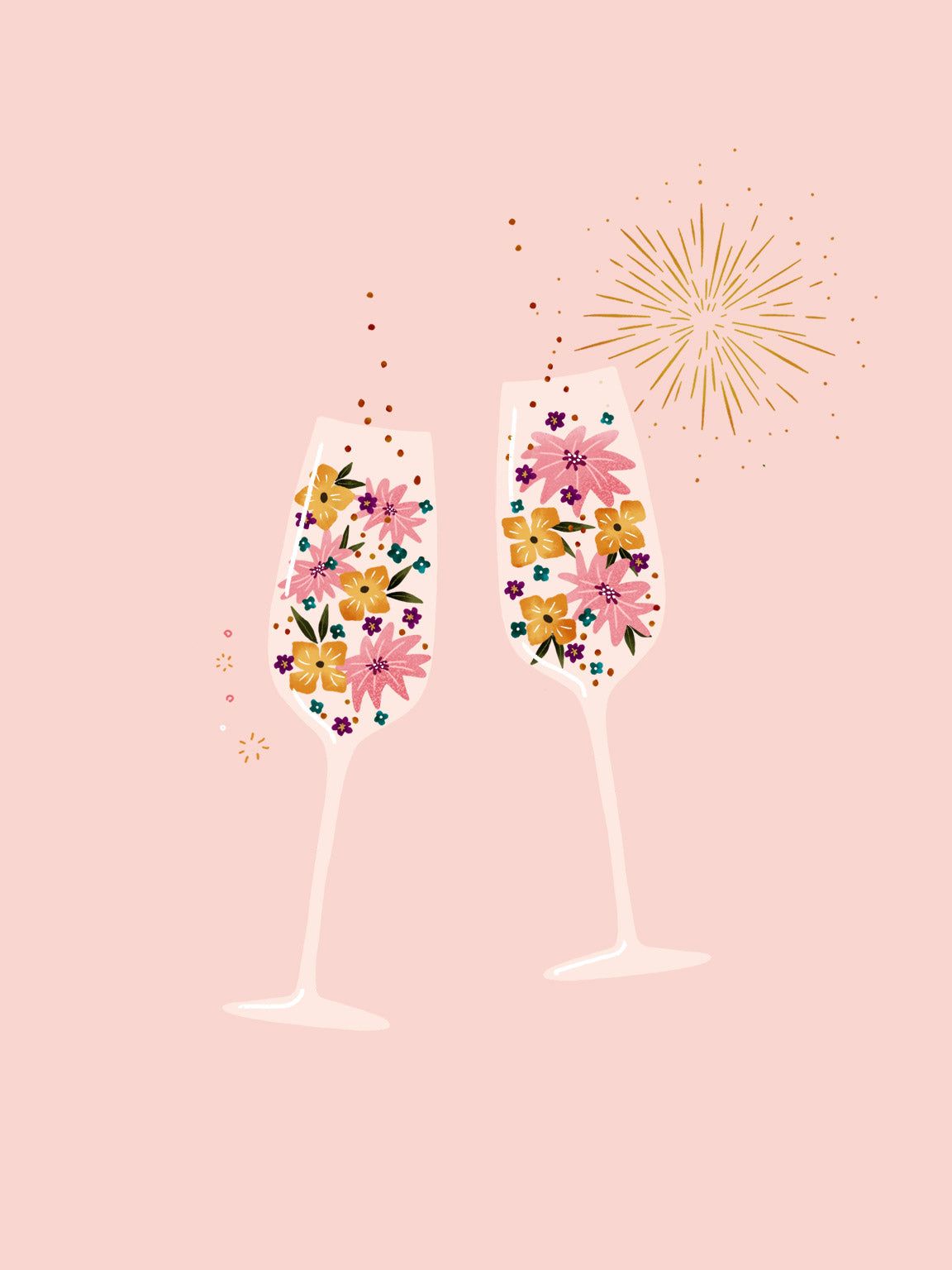 Two champagne glasses with flowers on them - Champagne