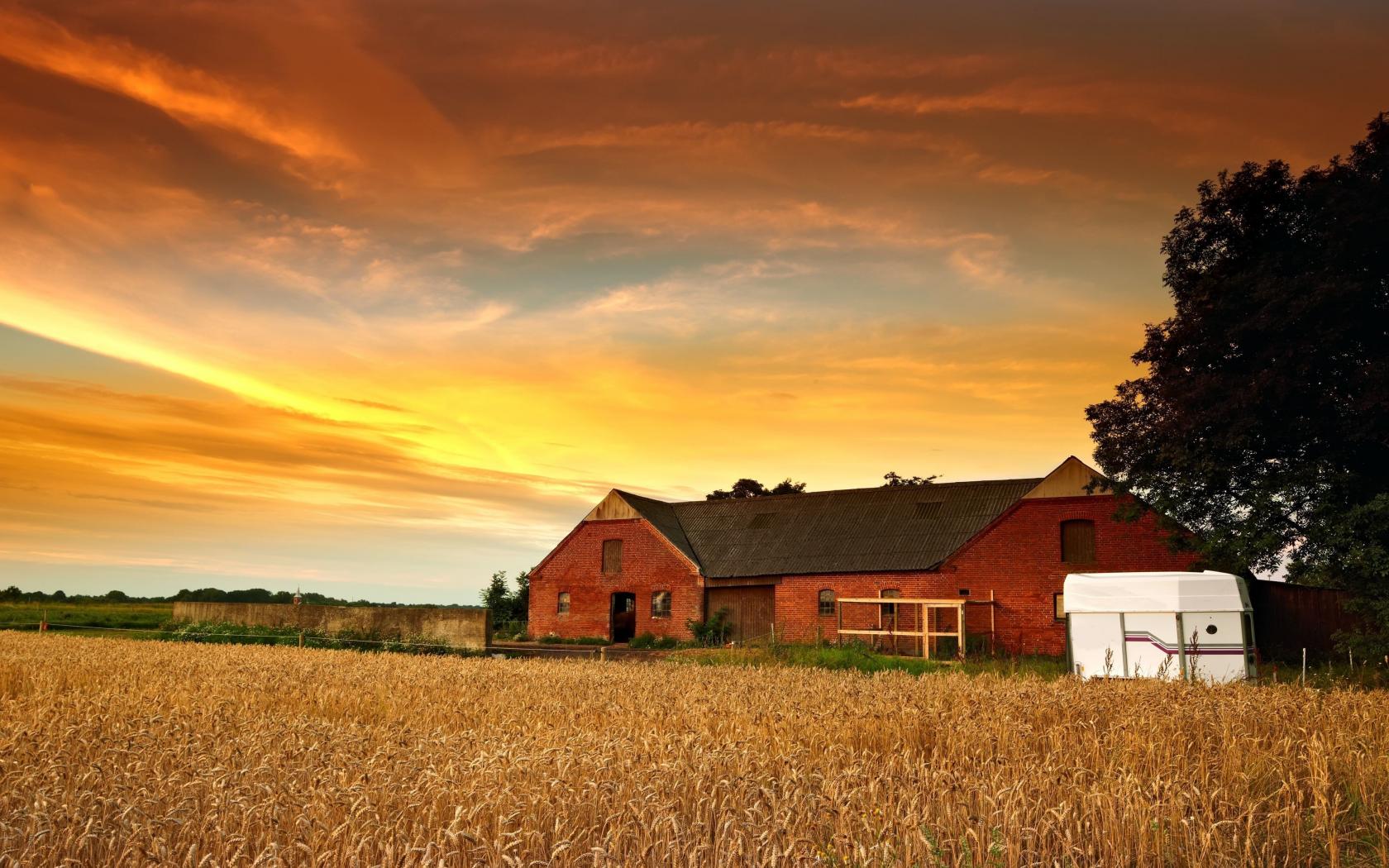 A red barn is in the middle of an open field - Farm