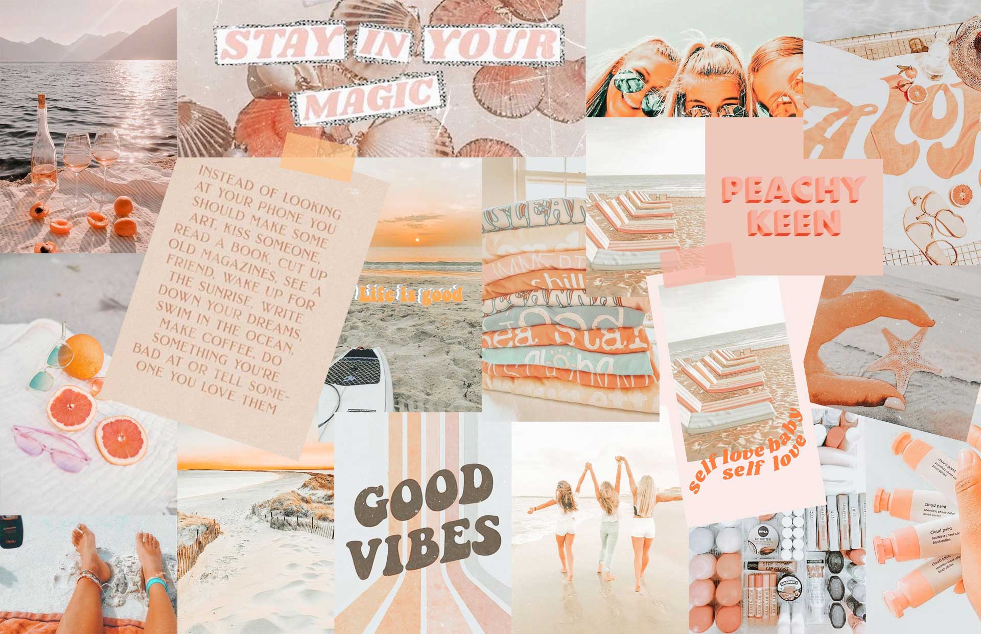 A collage of peach and coral photos, with text reading 